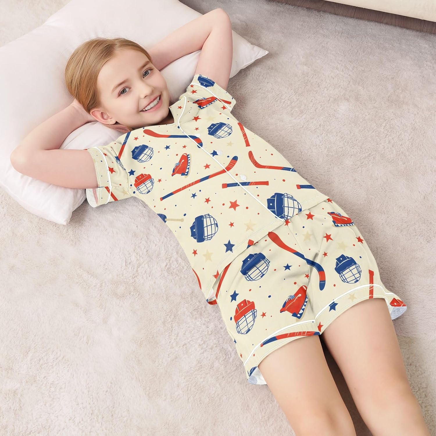 Kids Satin Wear Set Ice Hockey Helmet Pattern Relaxed Fit Clothing Short Sleeve and Shorts