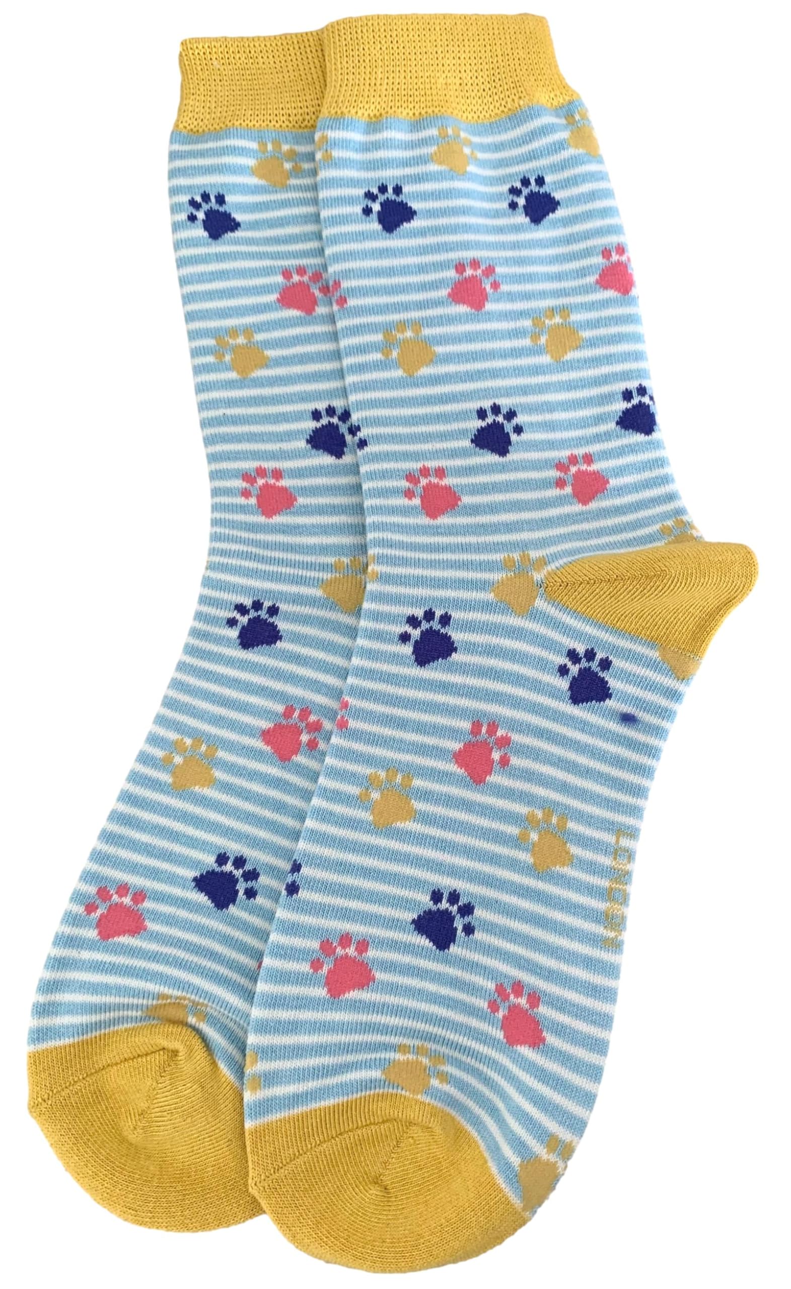 Purple Possum UK® Paw Print Socks Ladies Blue Striped Dog Cat Paws Bamboo Cotton Blend Cats Dogs Womens Size 3-7