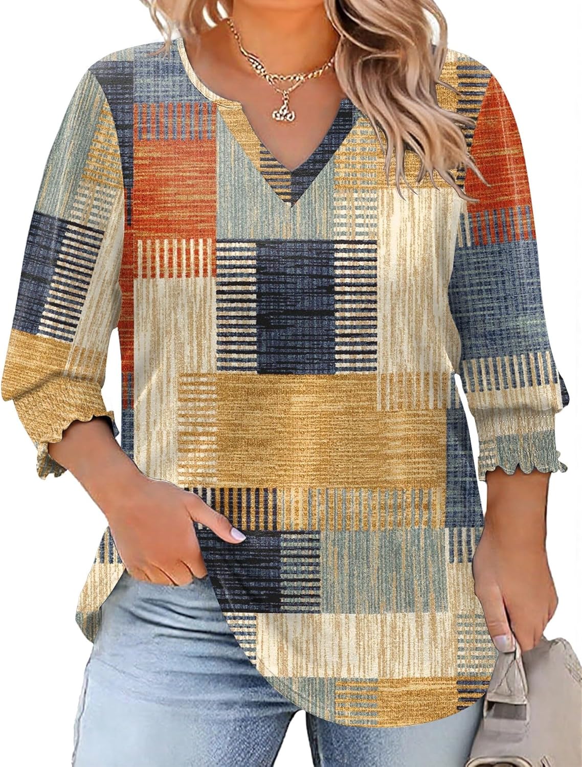 Rapbin Womens Plus Size Tops 3/4 Sleeve Blouses Shirts Casual V Neck Loose Tunic Tops 1X-5X