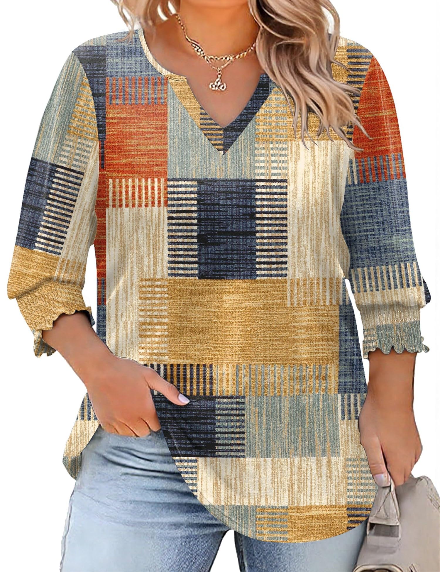 Womens Plus Size Tops 3/4 Sleeve Blouses Shirts Casual V Neck Loose Tunic Tops 1X-5X