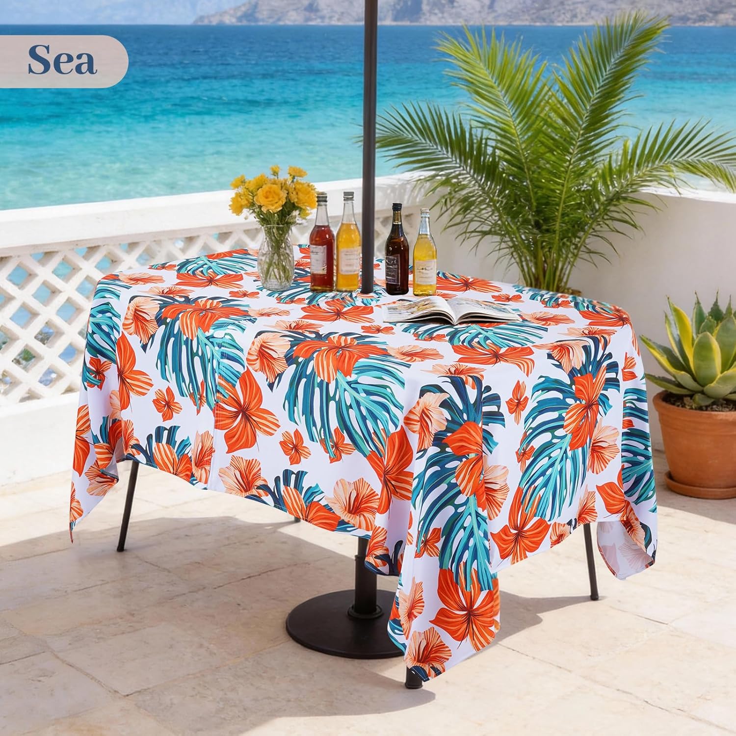 Eternal Beauty 60''X84” Rectangle Tablecloth Waterproof Outdoor Tablecloth with Umbrella Hole Zipper for Patio Spring Summer Picnic Tables (Orange Flower)