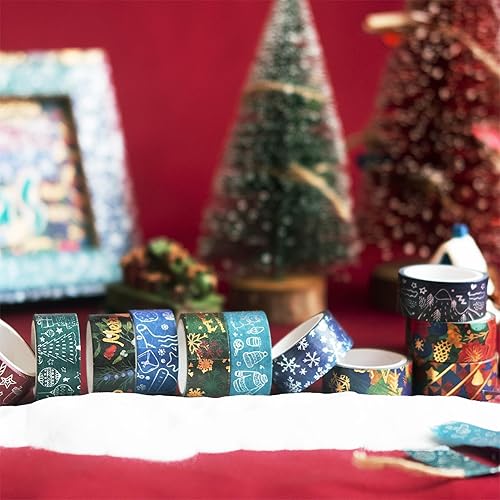 Miniatura 9 de YUBX Juego de 12 rollos de cinta washi de Navidad, adornos de invierno, cinta adhesiva decorativa de lámina dorada plateada básica para artes,