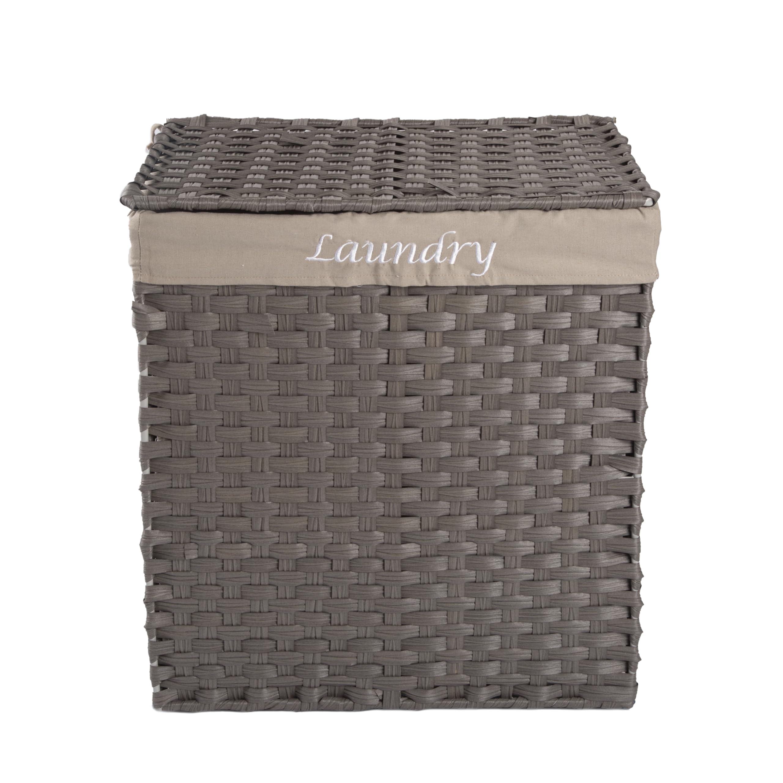 Wickerfield Faux Wicker Basket with Liner and Lid Plastic Wicker Trunk Chest for Bathroom Home Storage Office Collection (Grey)