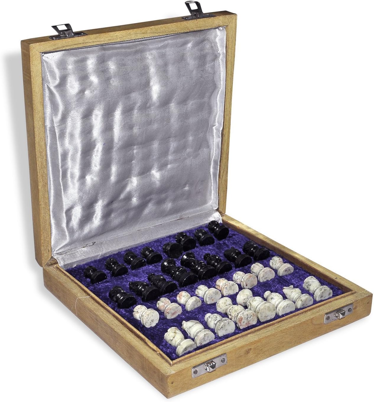 Wooden Chess Set Marble Pieces from India, 8"