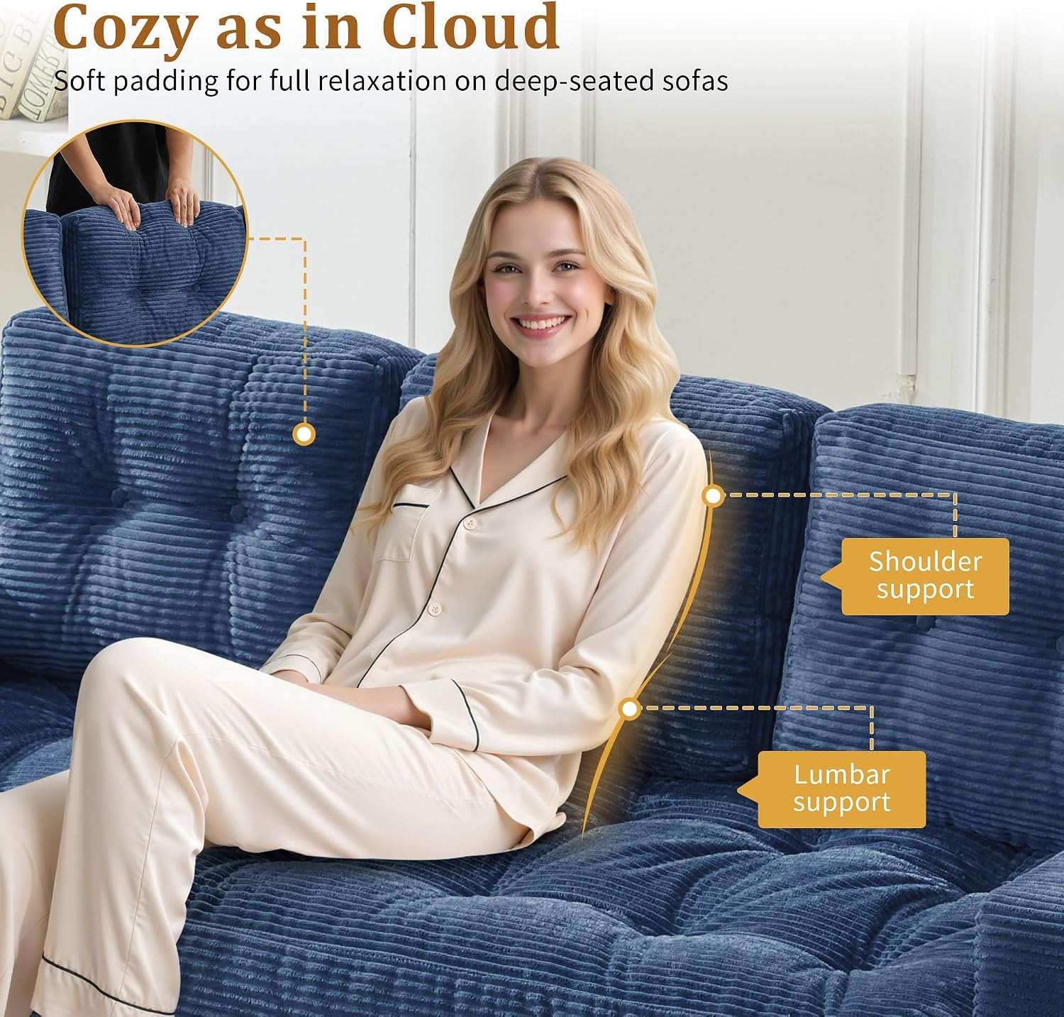 Modern 3-Seater Corduroy Sofa Deep Seat No Assembly Comfy Cloud Couch for Living Room