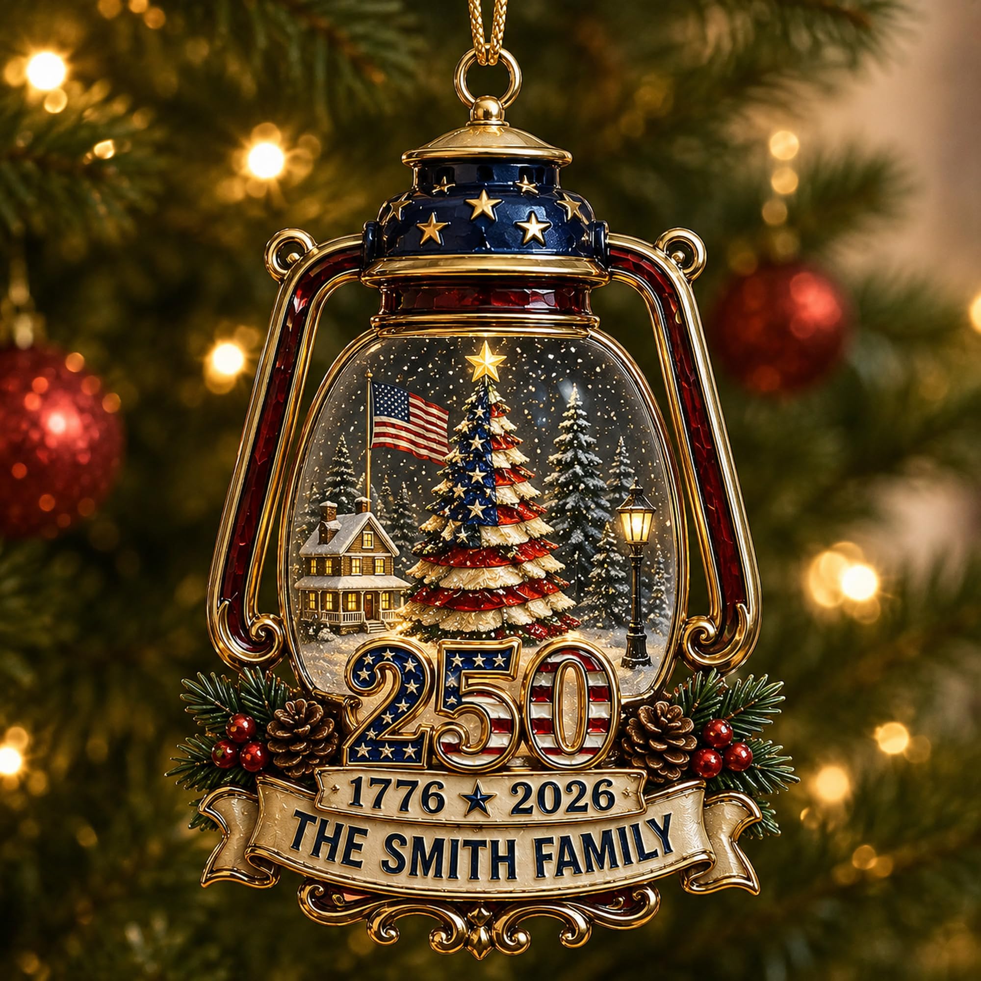[Made in USA] Personalized 250th Anniversary USA Flat Acrylic Christmas Ornament, Custom Family Name Patriotic Lantern Ornament, 1776-2026 250 Years of Freedom Holiday Keepsake Gift