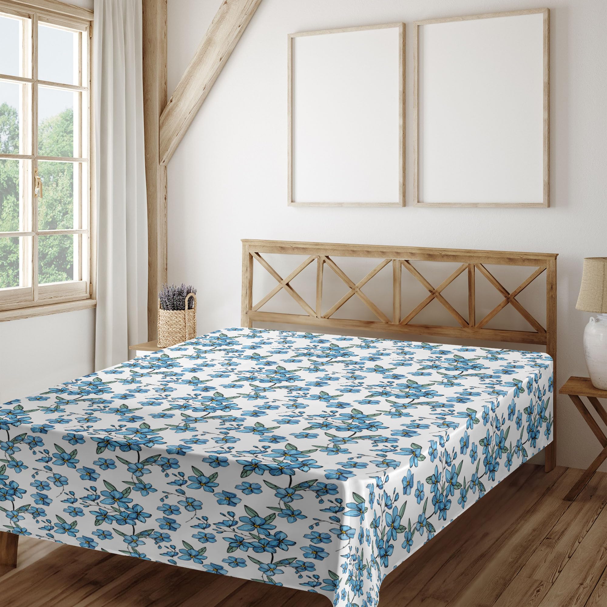 Ambesonne Floral Flat Sheet, Summer Field Wild Flora Ornamental Flowers on a Plain Background Repetition, Soft Comfortable Top Sheet Decorative Bedding 1 Piece, California King, Blue and White