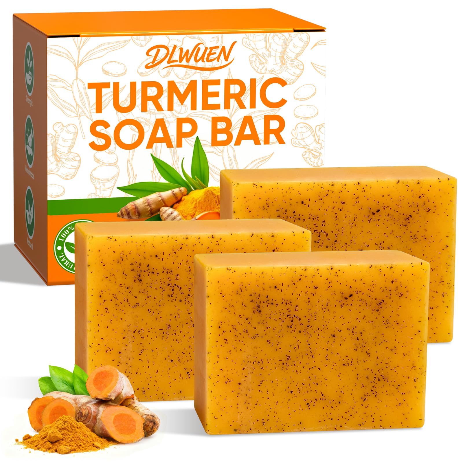 3 Packs Turmeric Soap Bar for Face Body Cleanser Organic Lemon Turmeric Soap with Vitamin C Gentle Handmade
