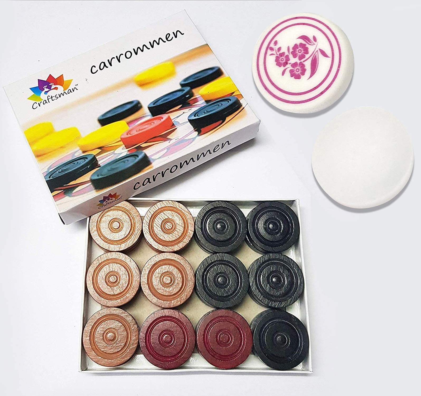 Craftsman Carrom Coin Set of 24 Coins Sheesham Wood Champion Carrom Coins + Striker (1 Pack + 2 Striker)