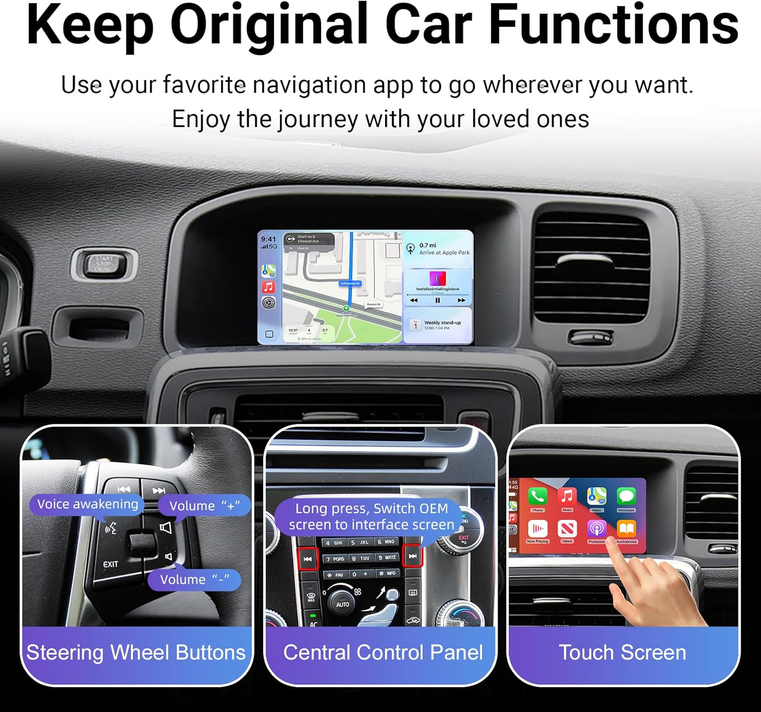 Image showing how to switch between original car functions and the new interface