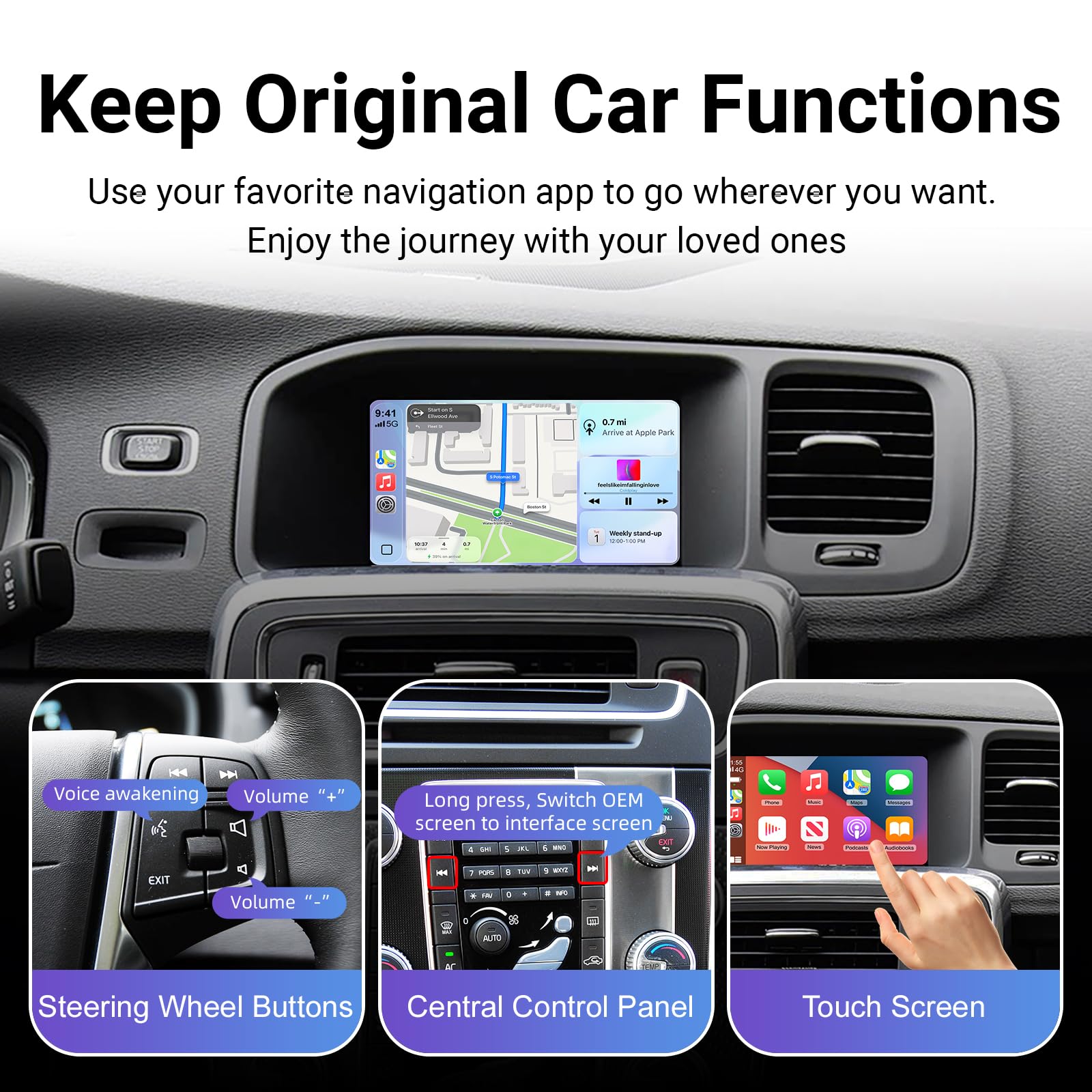 Decoder Box CarPlay Wireless per Volvo 2015-2018 con Schermo 7 Pollici | Supporta Android Auto via cavo o wireless Bluetooth WiFi navigazione GPS e controllo fabbrica per V40 V60 S60 XC60 S80 Plug