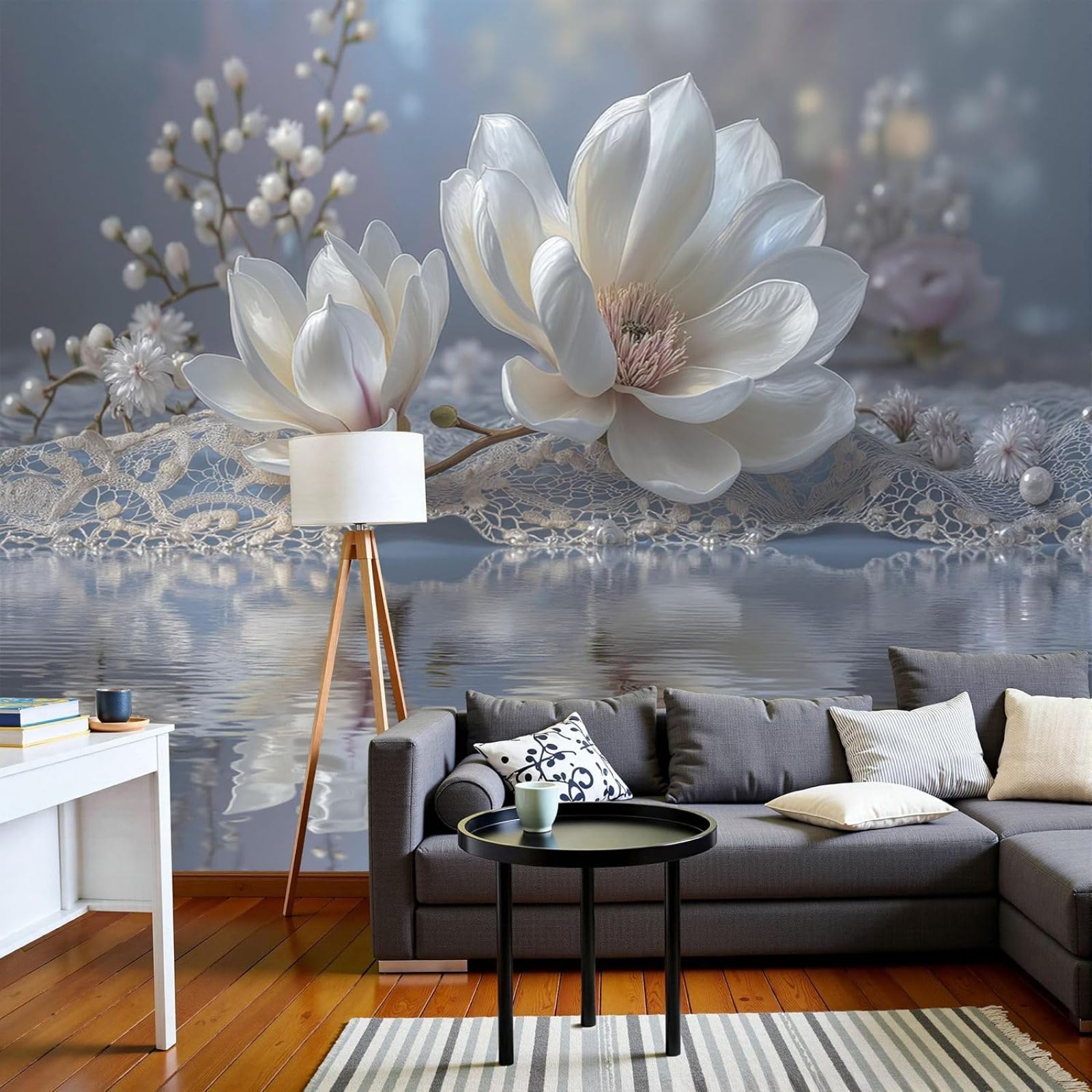 kfjhgbdshhj Photo Wallpaper Blooming Magnolia Blossoms, Dreamy Floral Wall Mural, Living Room, Hallway, TV Background XL Poster Pictures Grey, 200cm x 140cm Stickers - Frameless Painting - Poster