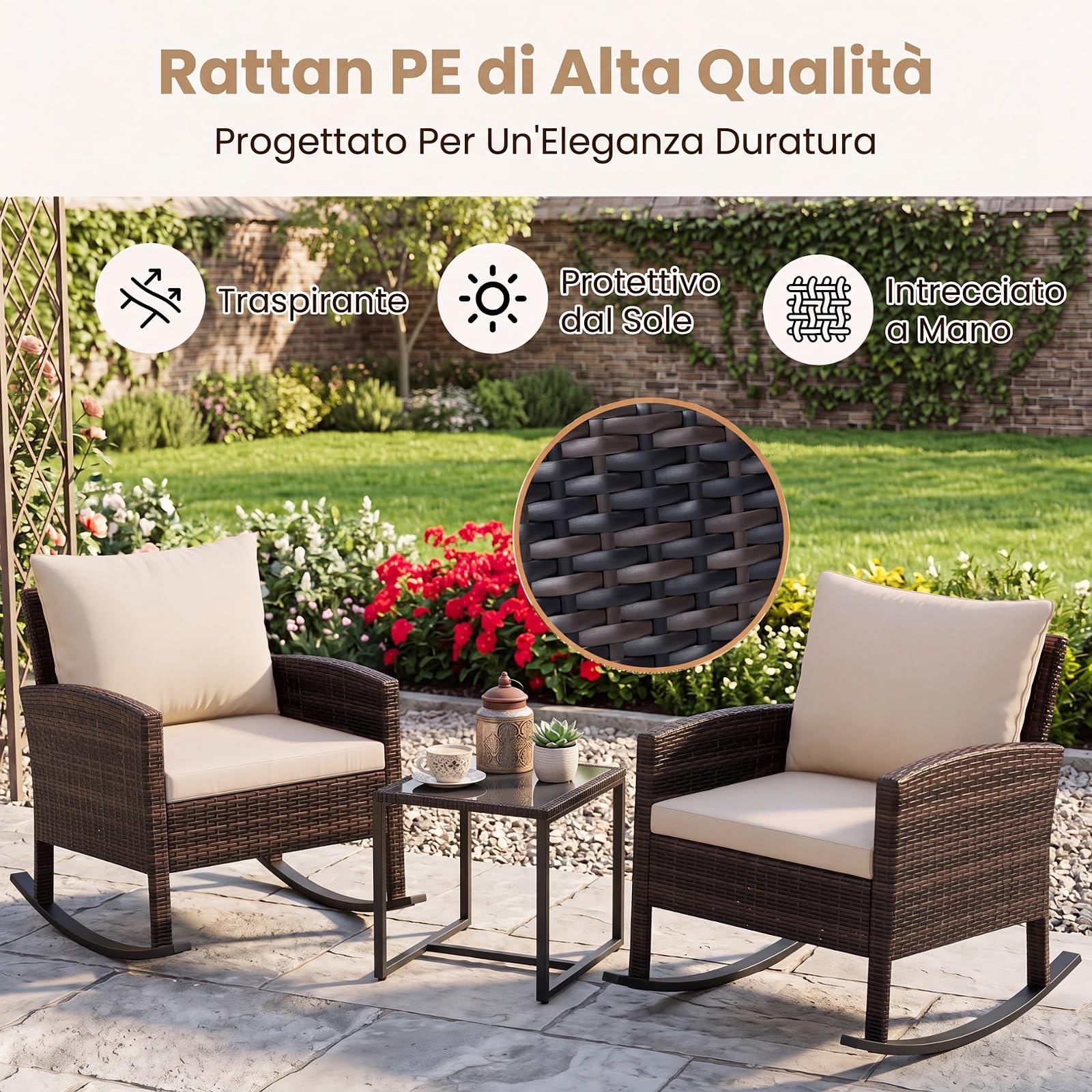 SOARS Salotto da Esterno 3 Pezzi in Rattan, Set Mobili da Giardino con 2 Poltrone a Dondolo, Tavolino da Caffè in Vetro Temperato e Comodi Cuscini con Fodera Lavabile, per Balcone, Cortile (Beige)