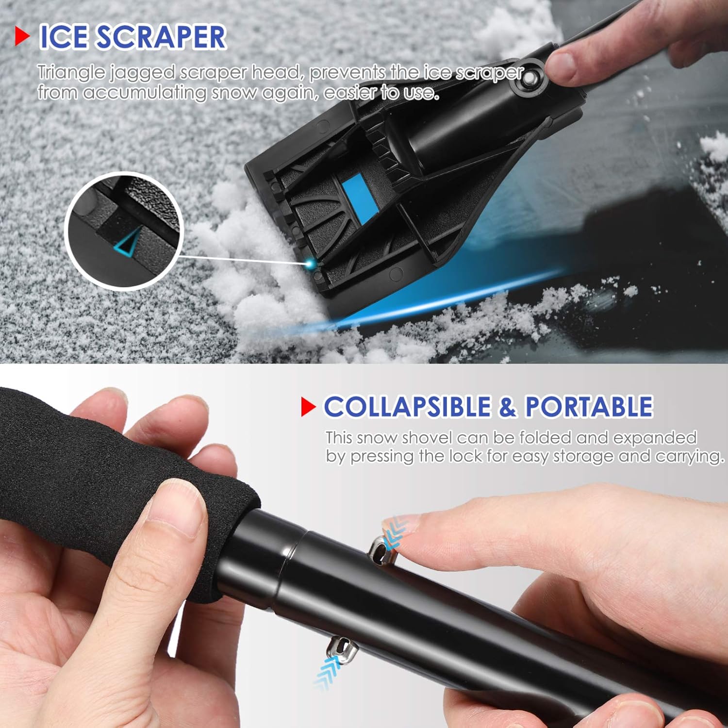 review CLISPEED Snow Shovel for Car, Folding Snow Shovel with Ice Scraper for Car Truck Driveway Snow Removal (Blue)