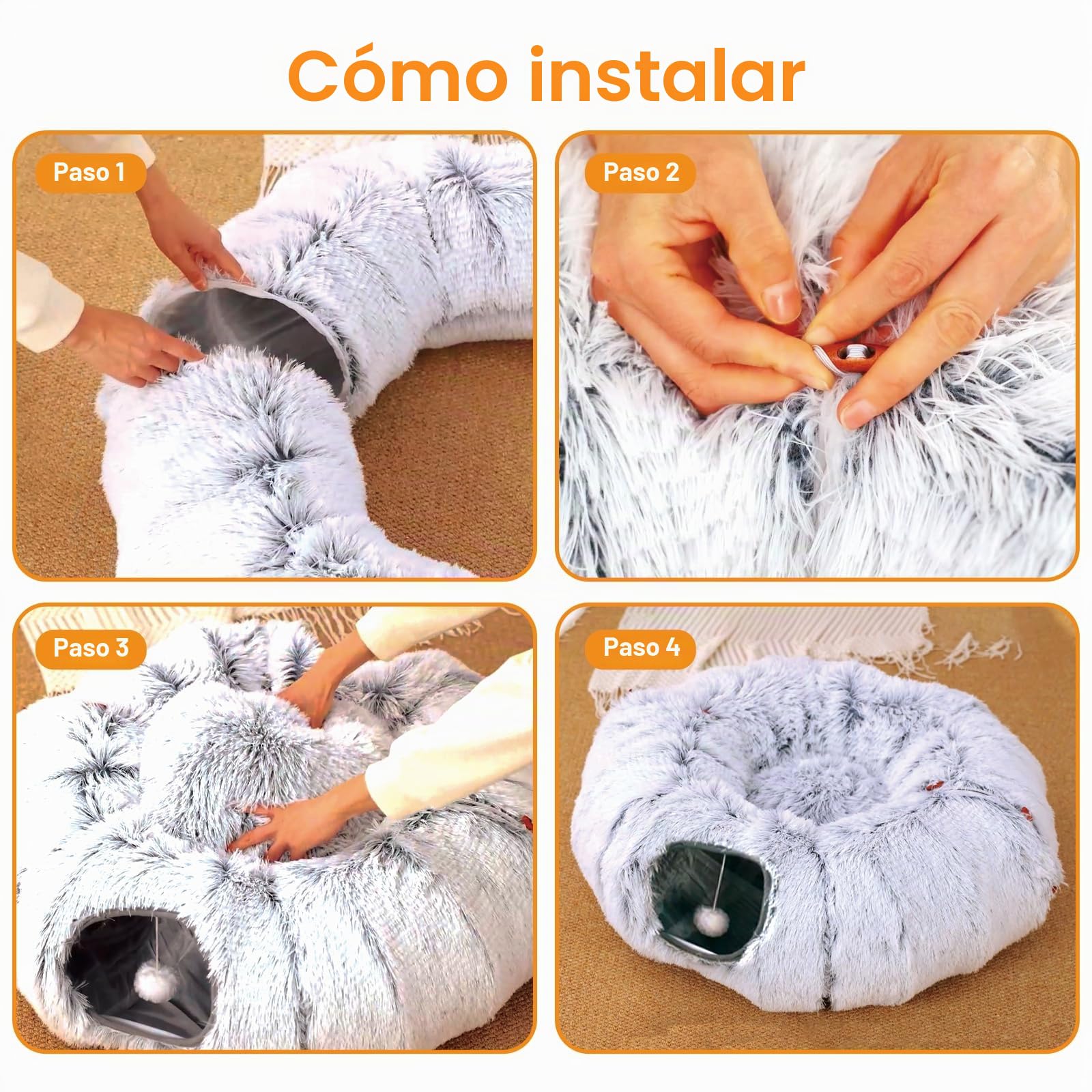FURRYPAWS Túnel para Gatos 3 en 1-160cm con Cama Extraíble, Transformable (S/C/Redondo), Estructura Metálica Reforzada, 20 Juguetes, Plegable en 10s