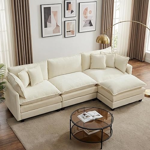 113” Modular Sectional Sofa, L Shaped Cloud Couch with Movable Ottoman, Comfy Chenille Deep Seat Sofa with Throw Pillows, 4 Seat Modern Couches for Living Room Bedroom Apartment, Beige