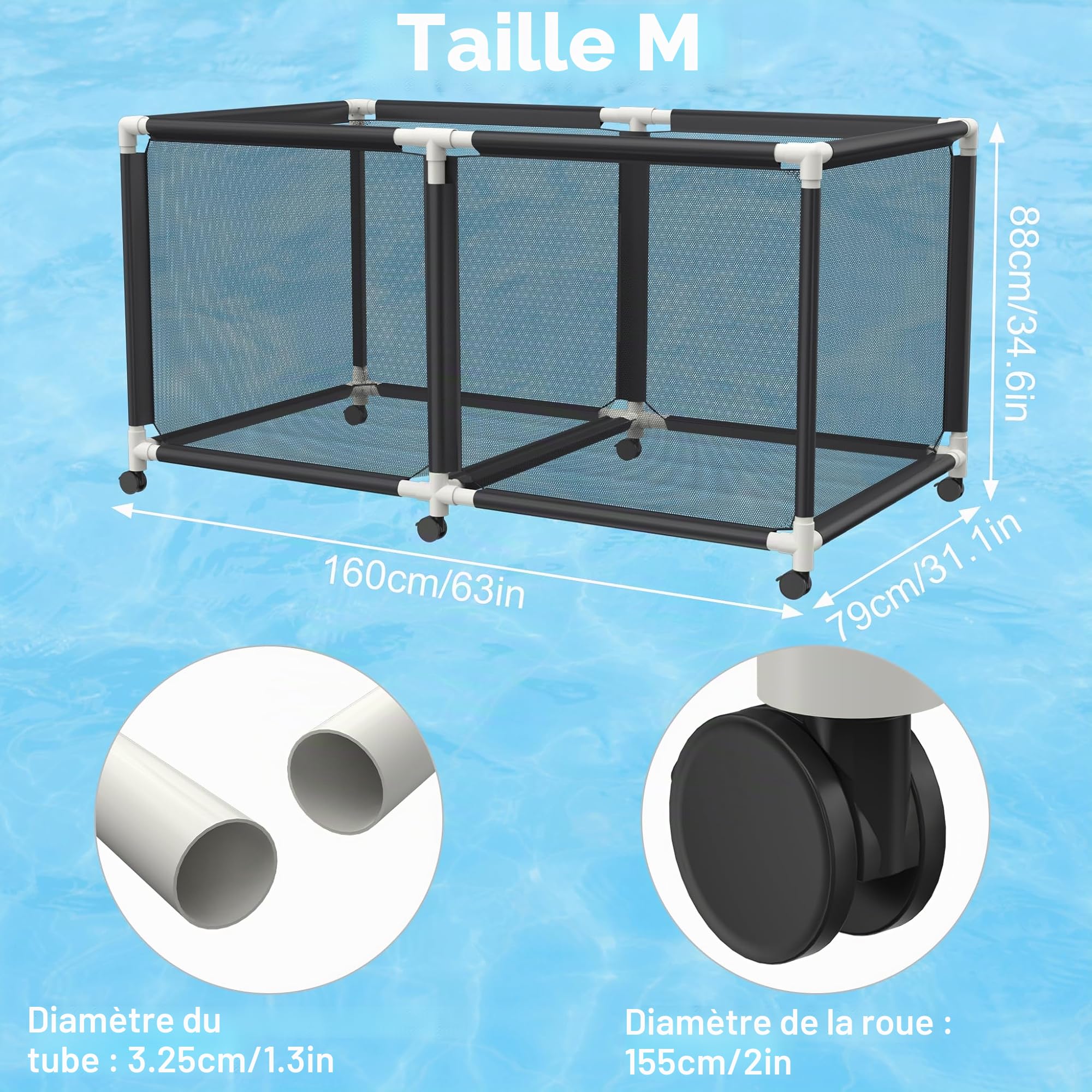 LZQ Boîte de rangement pour piscine avec roulettes 160x79x88cm Conteneur de rangement à grande capacité Organiseur en maille pour équipement de piscine, flotteurs de piscine, jouets et serviettes