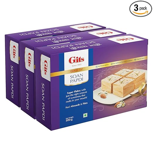 Gits Soan Papdi, Ready to Eat Indian Dessert, Pure Veg, Preservative Free, 1500g (Pack of 3, 500g Each)
