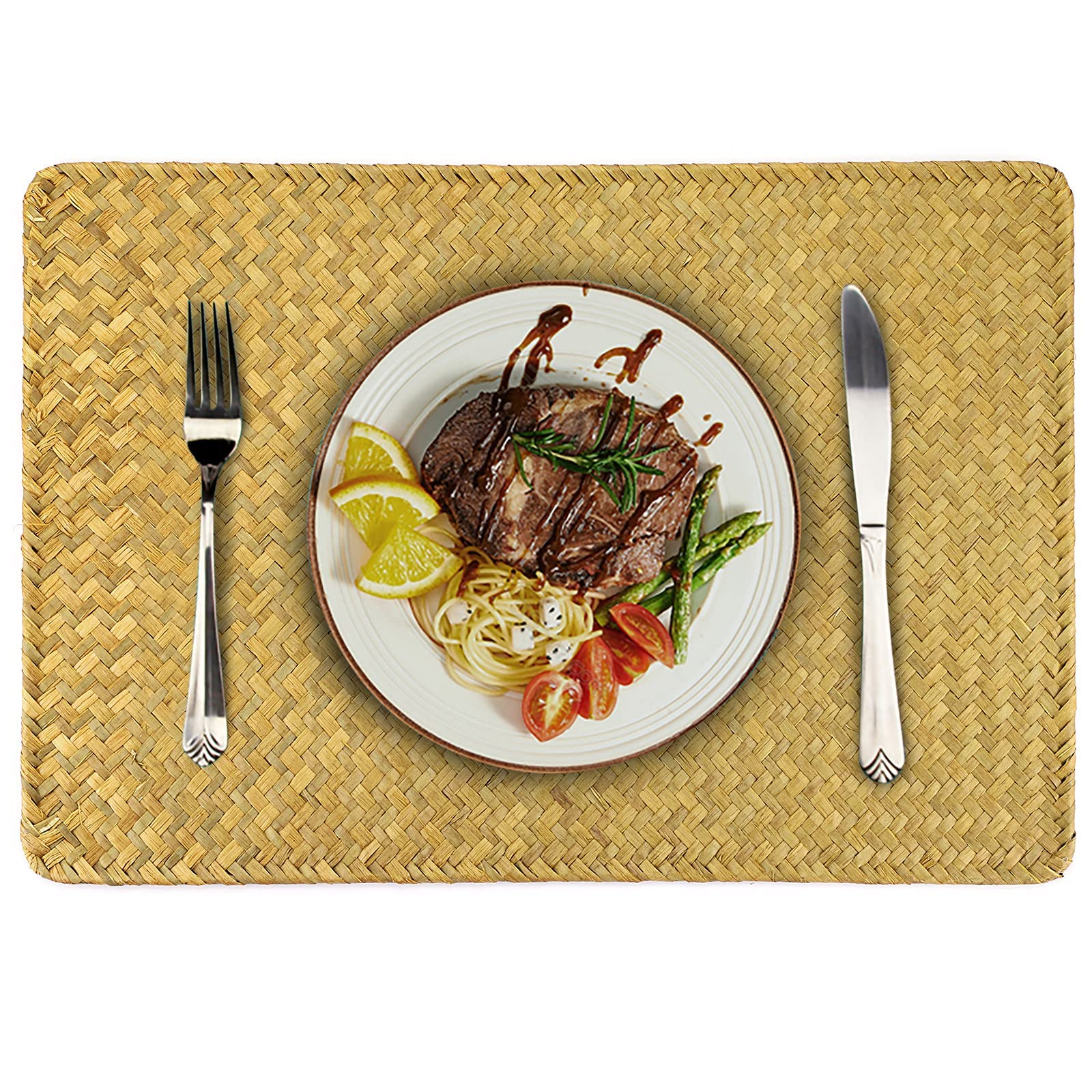 BSTKEY Natürliche Seegras-Tischsets, 6 Stück - Gewebte Rechteckige Platzsets Für Küche/Esstisch, 43,5x30 Cm