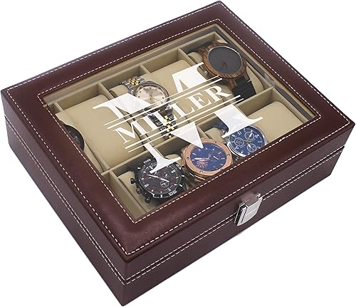 Vista 5 de My Personal Memories, Caja de almacenamiento personalizada para relojes, nombre inicial, regalo del día del padre, grabado (marrón)