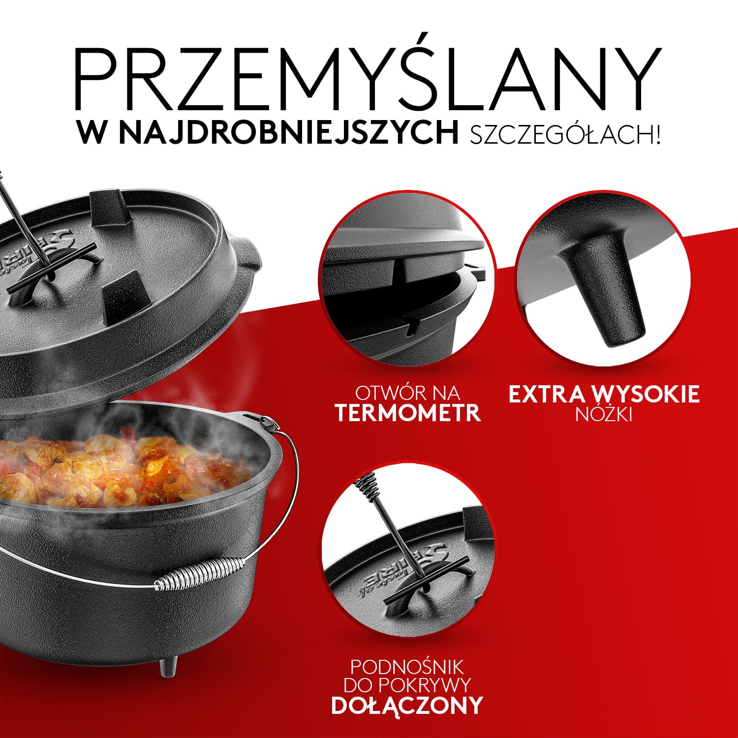 Taste of Fire [Oryginał] - Zestaw Kociołka Żeliwnego Dutch Oven 7,4L z Nóżkami i Pokrywą 1,8L o Podwójnej Funkcji jako Patelnia Grillowa – w zestawie Podnośnik do Pokrywy