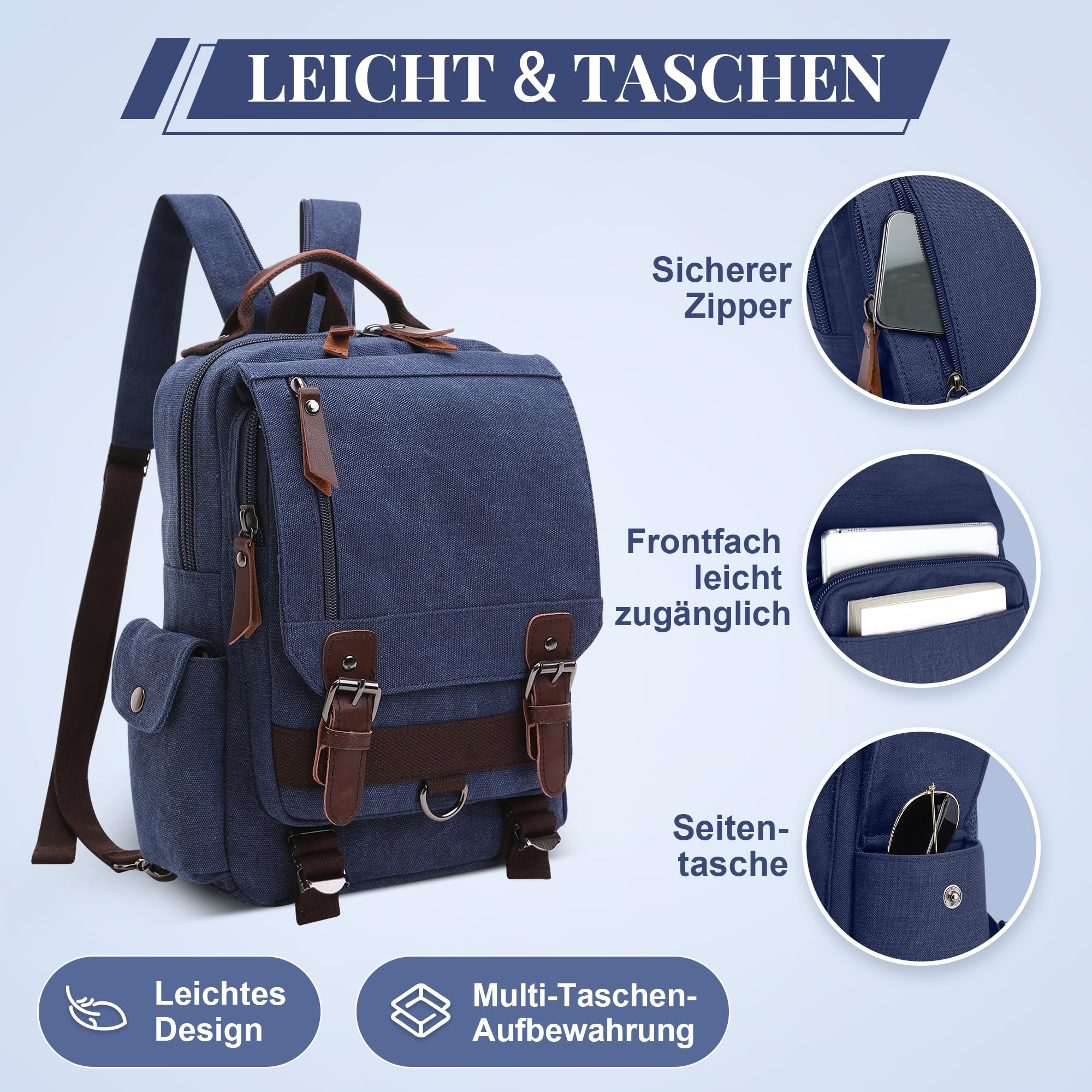 DEEVORCA) Mode Herren Rucksack, Canvas Schultertasche Rucksäcke für 12.9 Zoll iPad Tagesrucksack Daypacks Reisen Lässig Arbeit Schule Camping Täglich Leinwand Backpack Herren Messenger Bag Blau