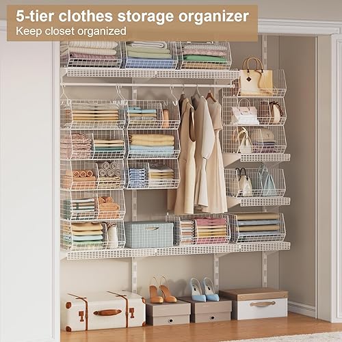 Miniatura 7 de Estantes colgantes de armario extra grandes de 5 niveles con divisor, 2 pares de ganchos, 16.5 pulgadas de largo x 11.8 pulgadas de ancho x 51.4