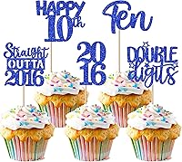 Vista 25 de 30 piezas de decoraciones para pastel de cumpleaños número 10, decoraciones de cupcakes negras con brillo, 10 feliz cumple, directo desde 2016, 10