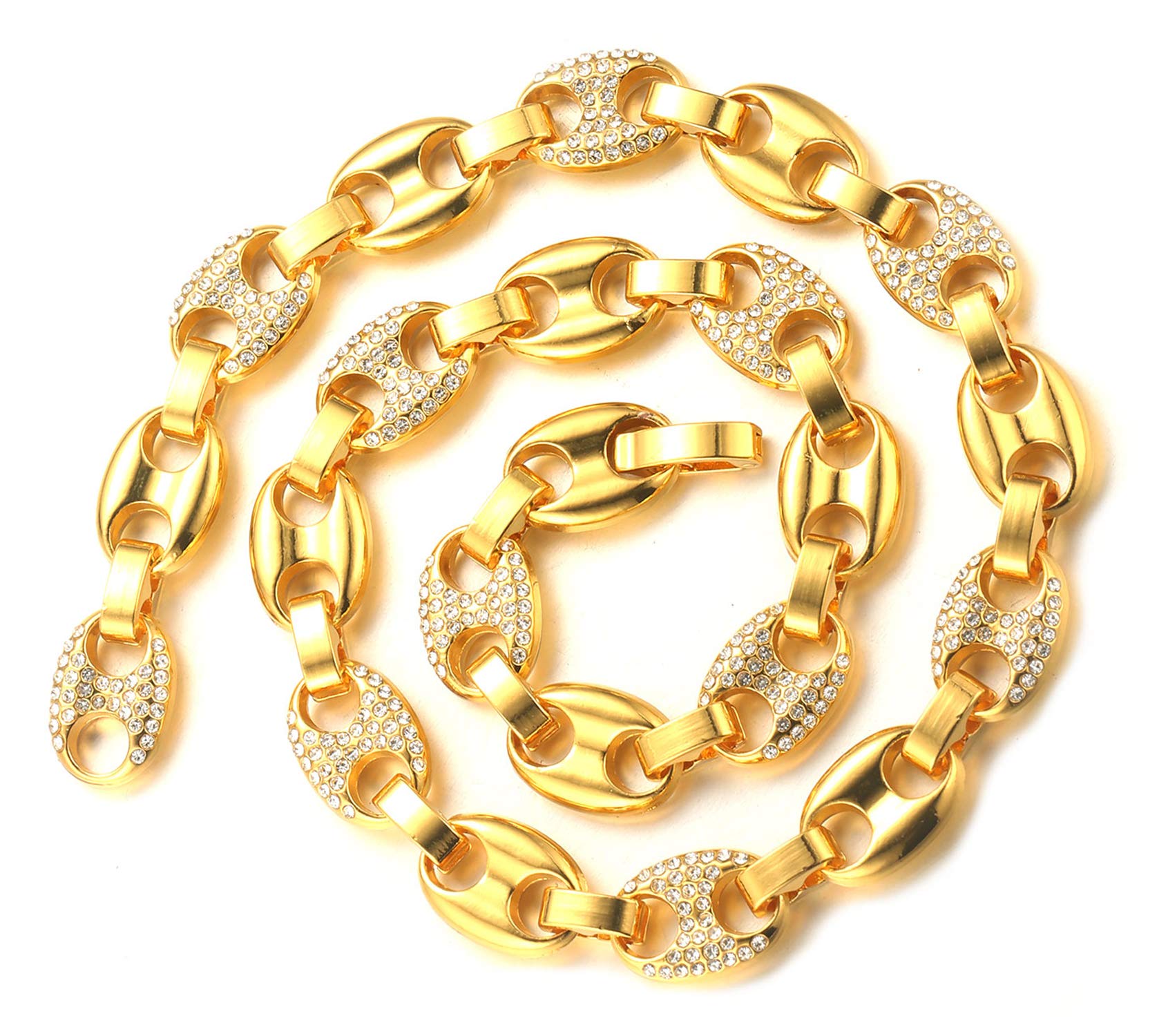 HALUKAKAH Collane Bracciali Uomo Oro,Catena di Chicchi di caffè Iced out con Diamante,18kt Vero Oro/Oro Bianco Girocollo Bracciale,Oro/Argento,con Pacco Regalo Gratuito