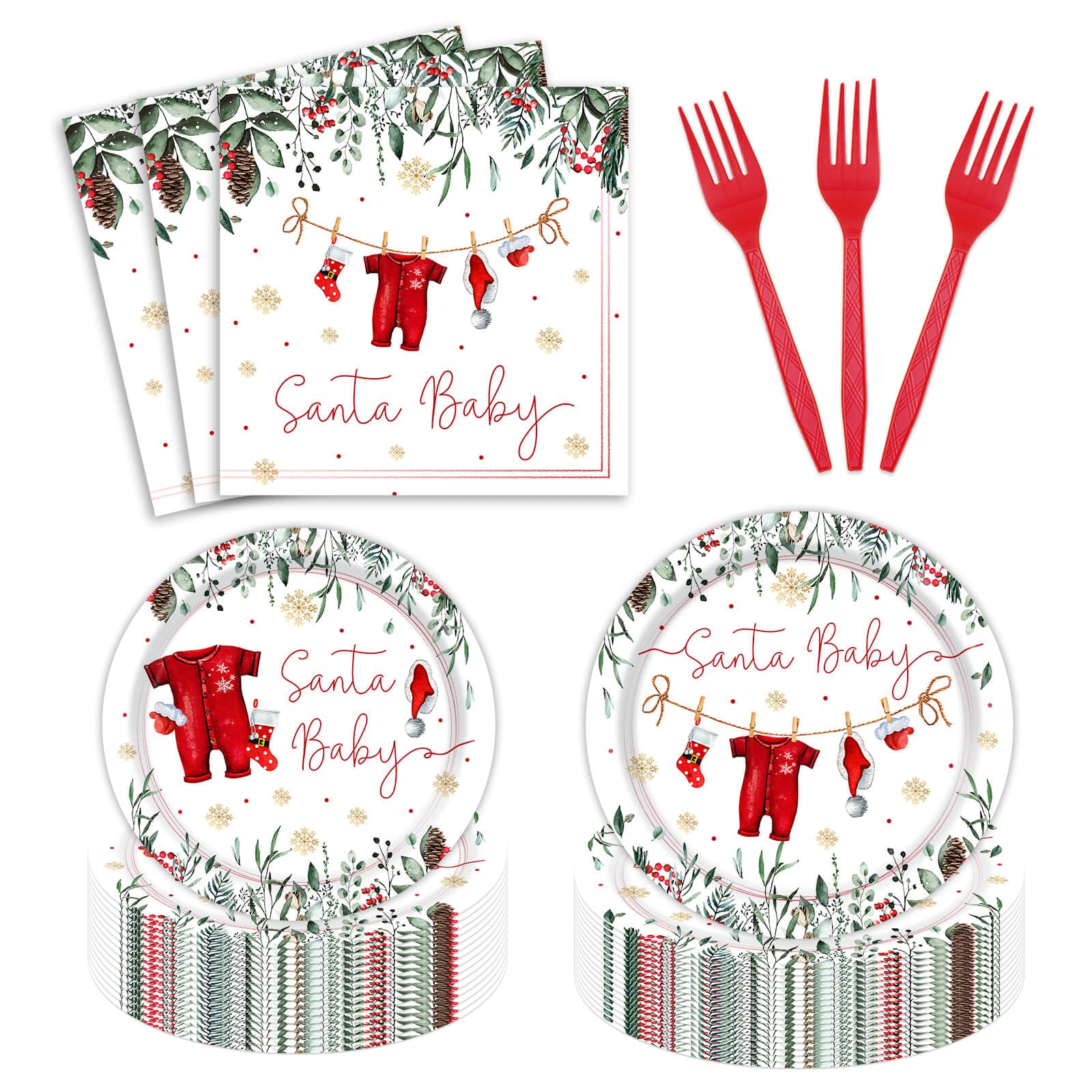 Utolily 96 Pcs Christmas Baby Shower Party Plates and Napkins Santa Baby Party Supplies Xmas Baby Shower A Santa Baby Is On The Way Party Tableware Set for 24 Guests
