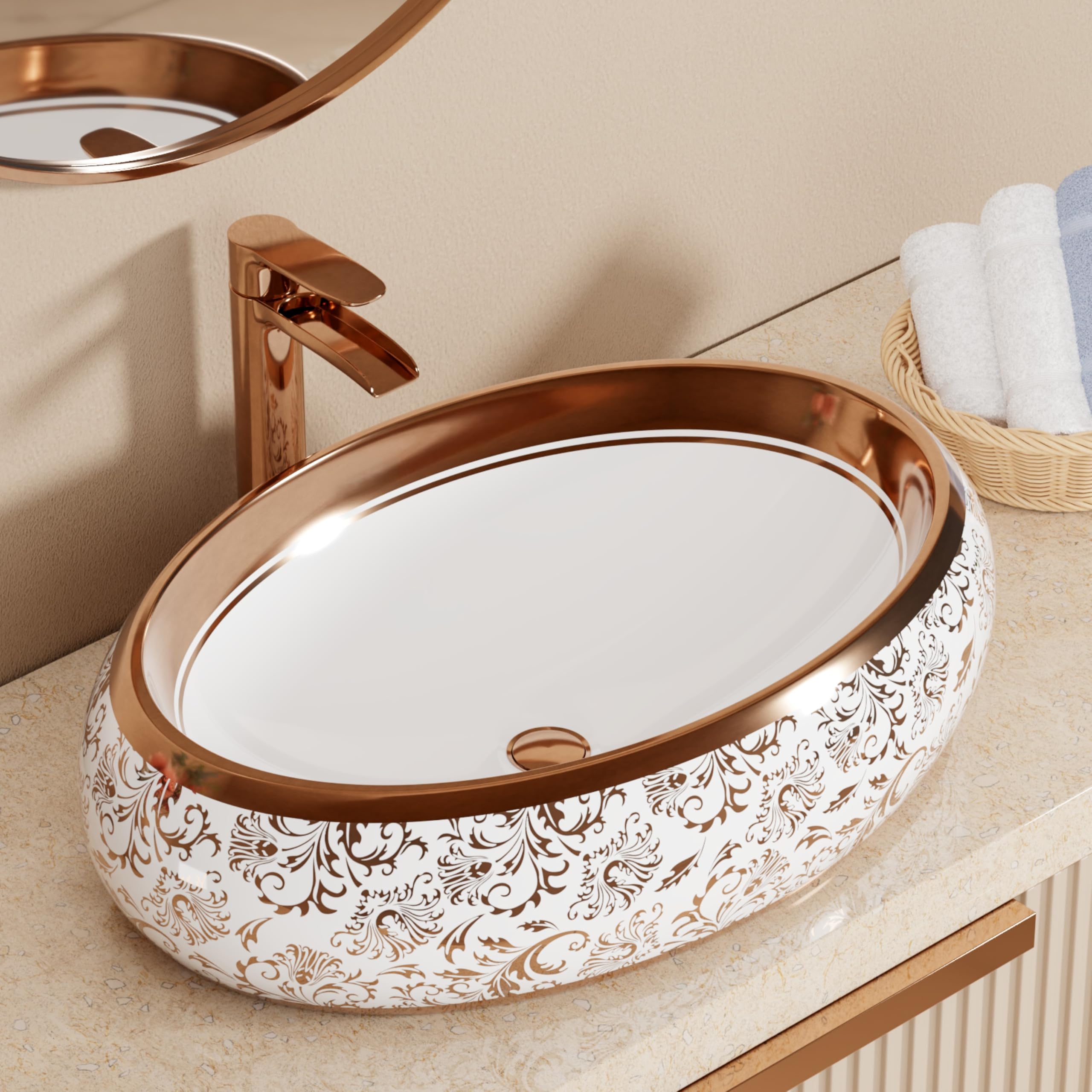 BASSINO Table Top Wash Basin - White & Rose Gold -1