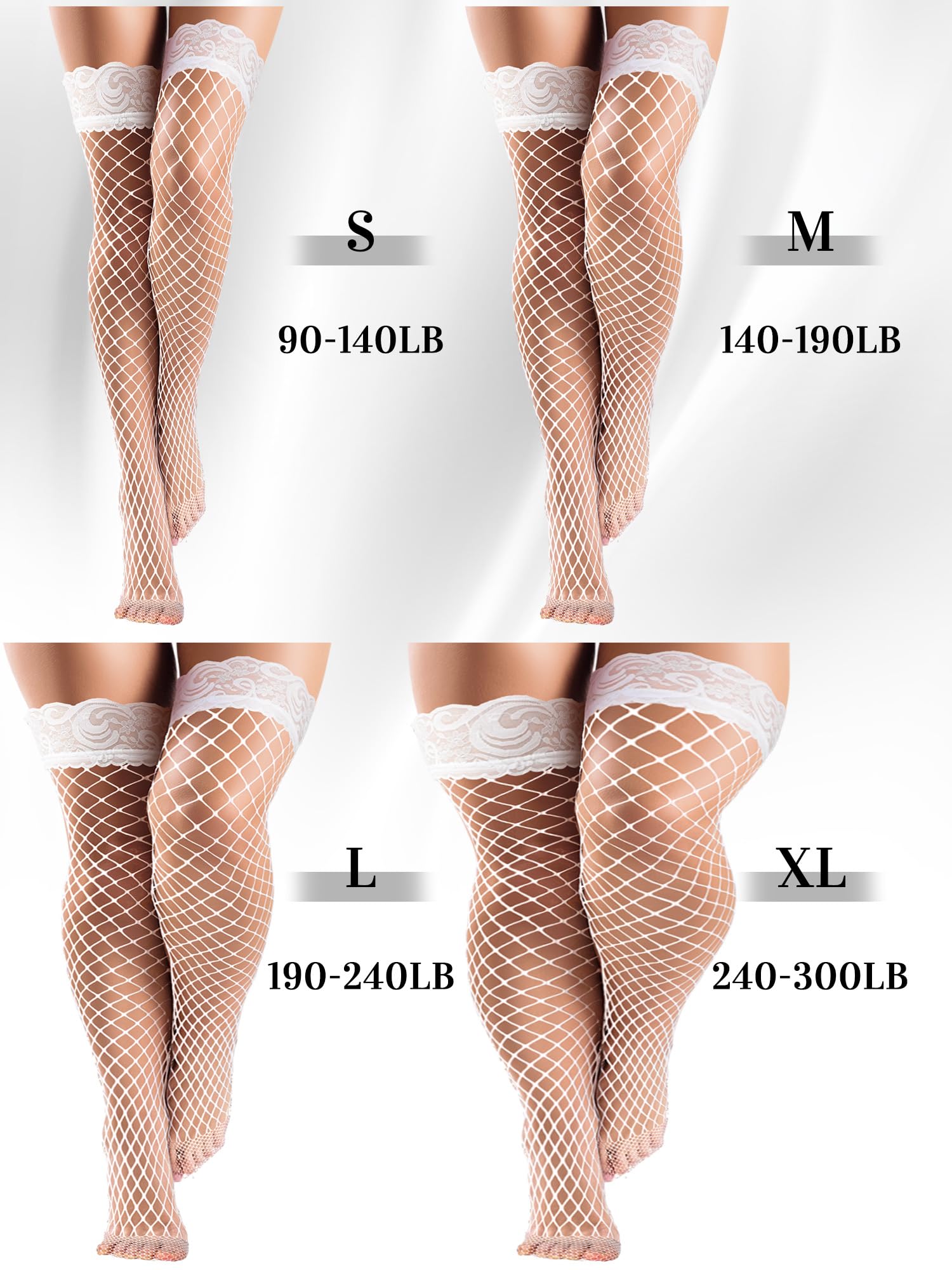 Bencailor 4 Pairs Fishnet Thigh High Stocking for Women Silicone Lace Top Sheer Over Knee Stockings: 4 White Small