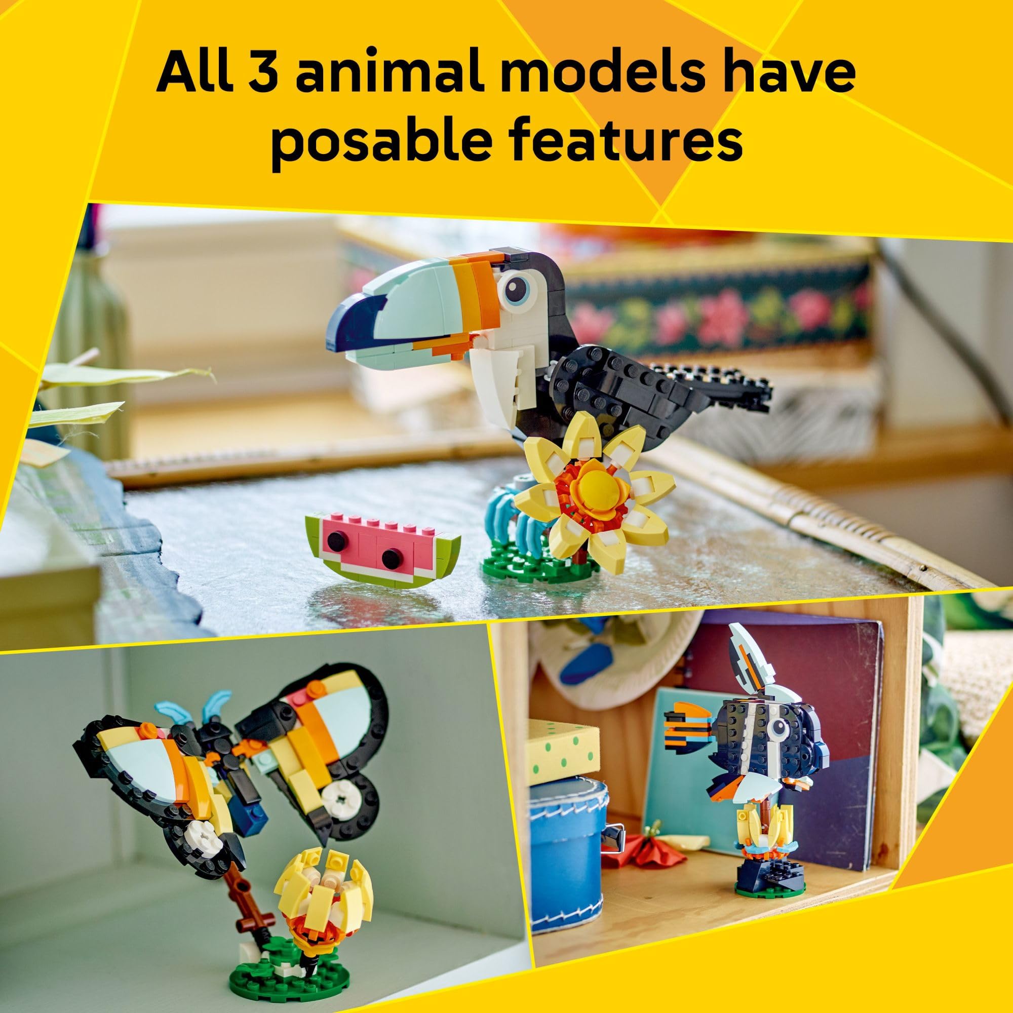 LEGO Creator 3 in 1 Wild Animals: Tropical Toucan Building Toy for Kids- Jungle Building Blocks & Learning Toy for Girls & Boys, Ages 7+ - Build 3 Animal Toys in 1 Set - Gift for Birthdays - 31173