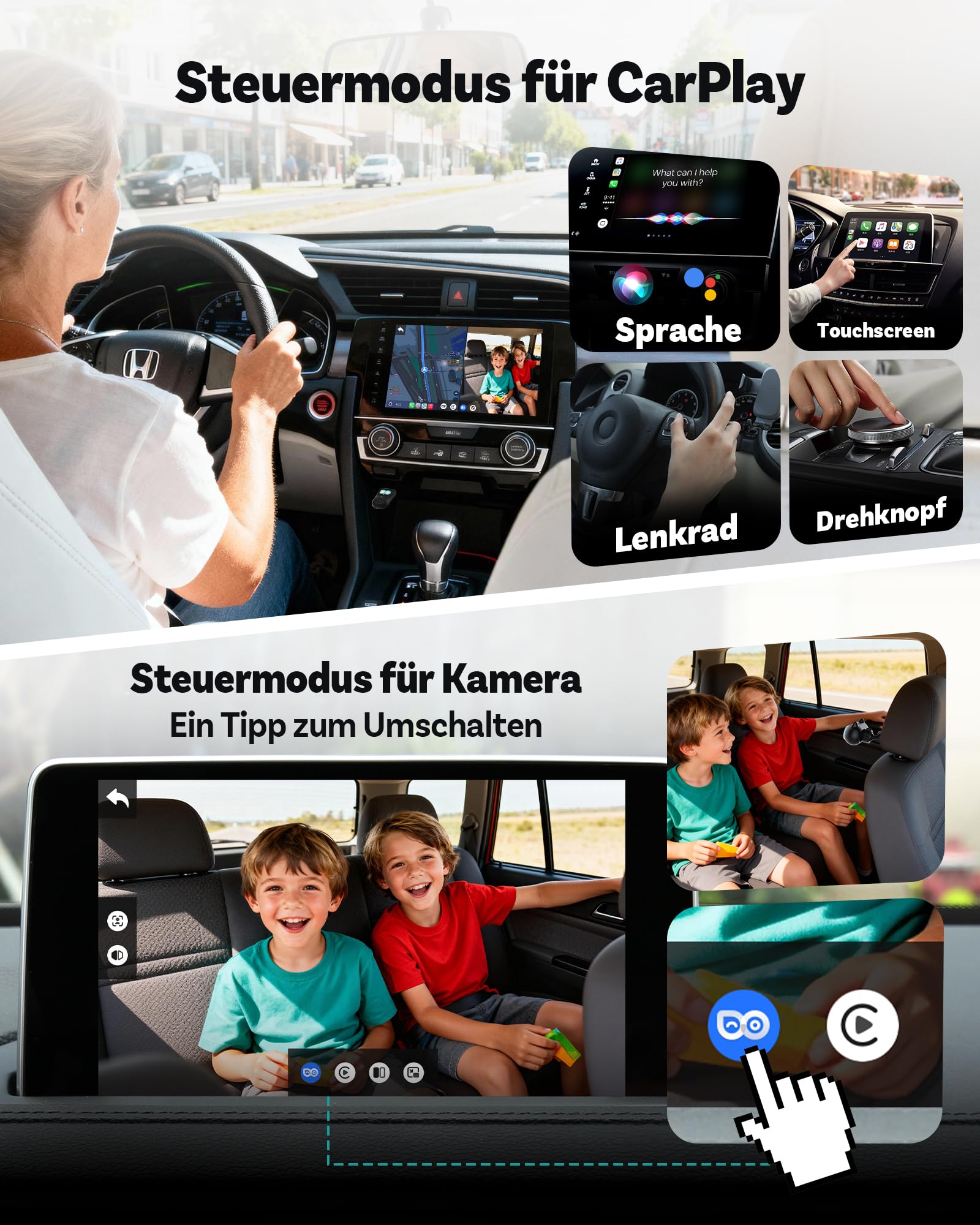 OTTOCAST 2-in-1 Baby Auto Kamera & Wireless CarPlay Adapter, 1080P HD, Echtzeit-Anzeige auf Originalen CarPlay Bildschirm, USB Plug & Play, Nachtsicht & 150° Weitwinkel, für Eltern & Haustierbesitzer