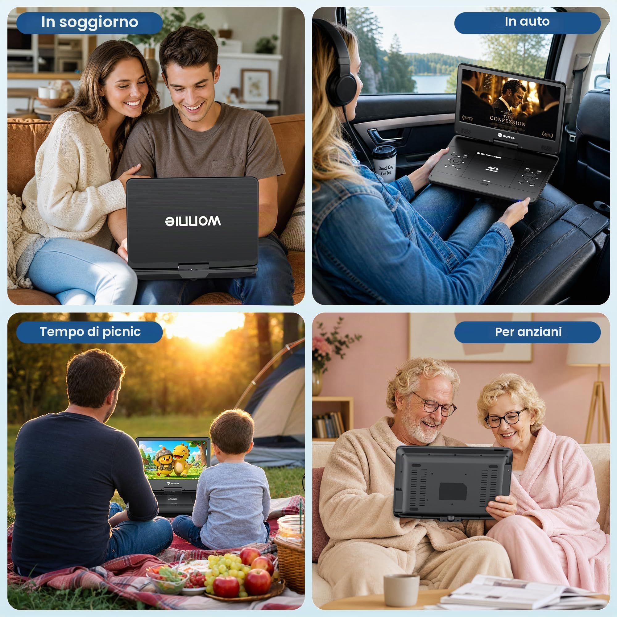 WONNIE Lettore Blu Ray portatile da 16,9 pollici con schermo girevole Full HD da 14,1 pollici 1080p, lettore DVD Blu-ray con uscita HDMI e ingresso AV, batteria ricaricabile 4-5 ore, supporto MP4