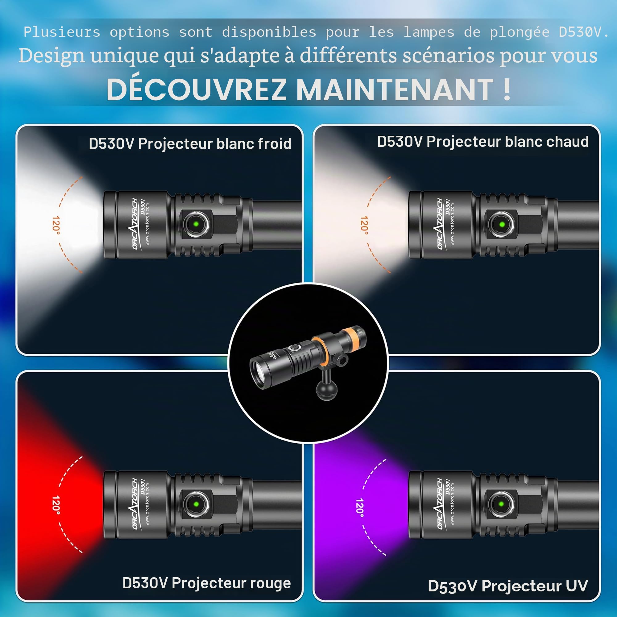 ORCATORCH D530V Lampes de Plongée Rechargeable, 1200 Lumen Lampe Vidéo de Plongée Sous Marine 140 Degrés Super Grand Angle de Faisceau, 150 Mètres Sous l'eau Avec Fonction de Verrouillage de Sécurité