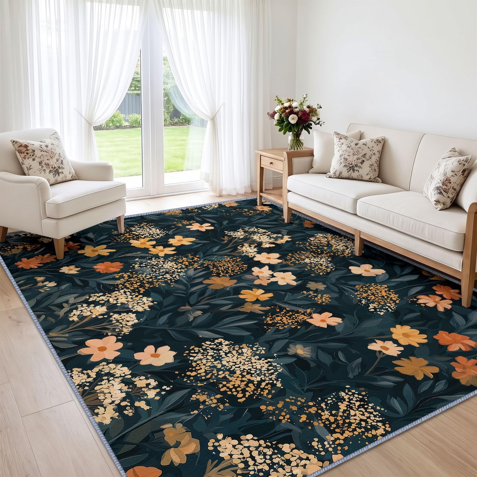 Générique Lavable en Machine Tapis Salon 200x300 cm, Fleur Feuille Antidérapant à Poil Ras Tapis, Impressionniste Rustique Pastoral Écologique pour Salle à Manger Couloir Chambre Bureau