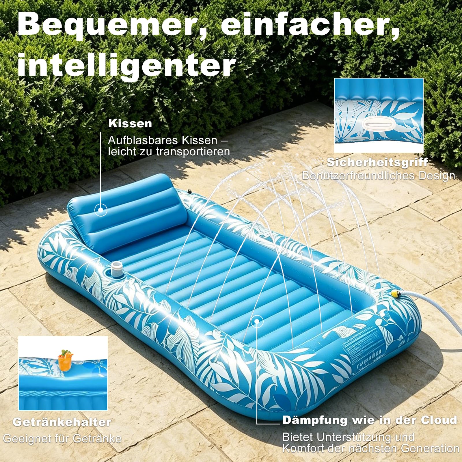Balakaka Aufblasbare Tanning Pool Groß 208×130cm, 4-in-1-Sonnenliege Sprühfunktion für Party, Aufblasbarer Luftmatratze für Erwachsene mit Handlauf/Kopfstütze Getränkehalter