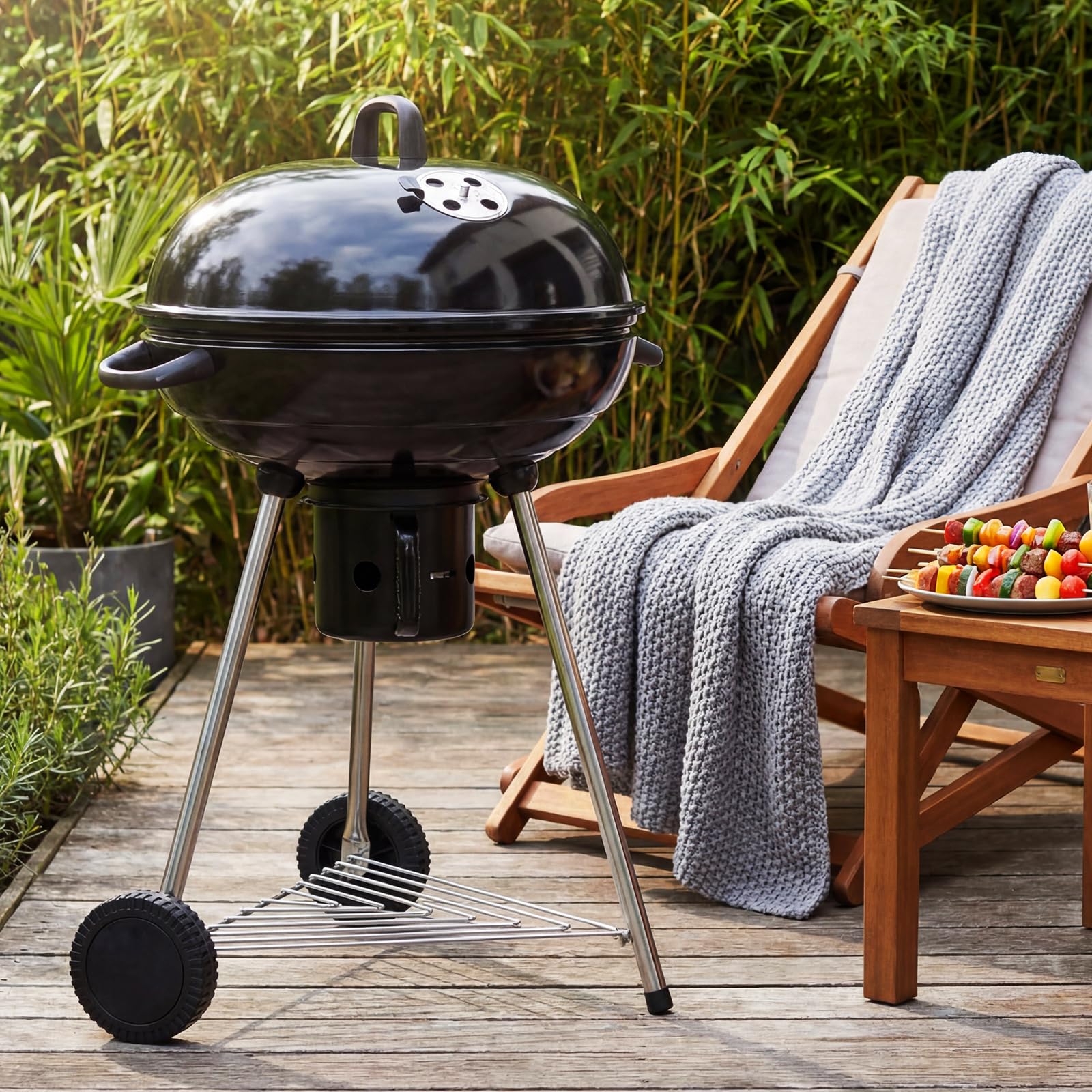 TLSUNNY Kugelgrill Ø 57 cm, Holzkohlegrill/Porzellanemaillierter Deckel und Kessel, 55 cm Grillfläche, H97 cm, Grill Holzkohle für Camping, mit abnehmbaren Aschekasten, Dreibein-Ständer und 2PCS Räder