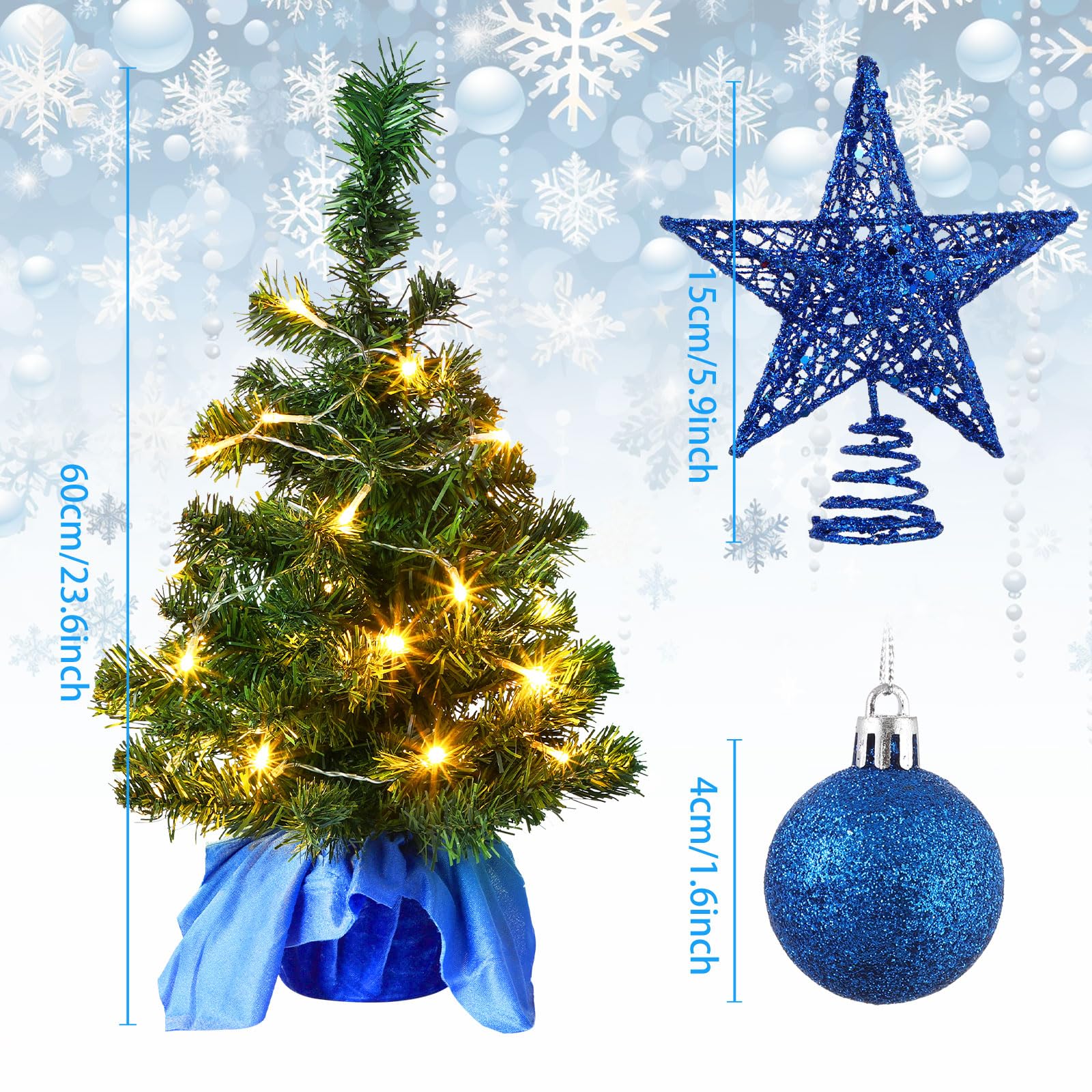 Lot de 24 mini sapins de Noël artificiels de table de 61 cm avec lumières - Décorations de Noël pour sapin de Noël, décorations de bureau (bleu roi)
