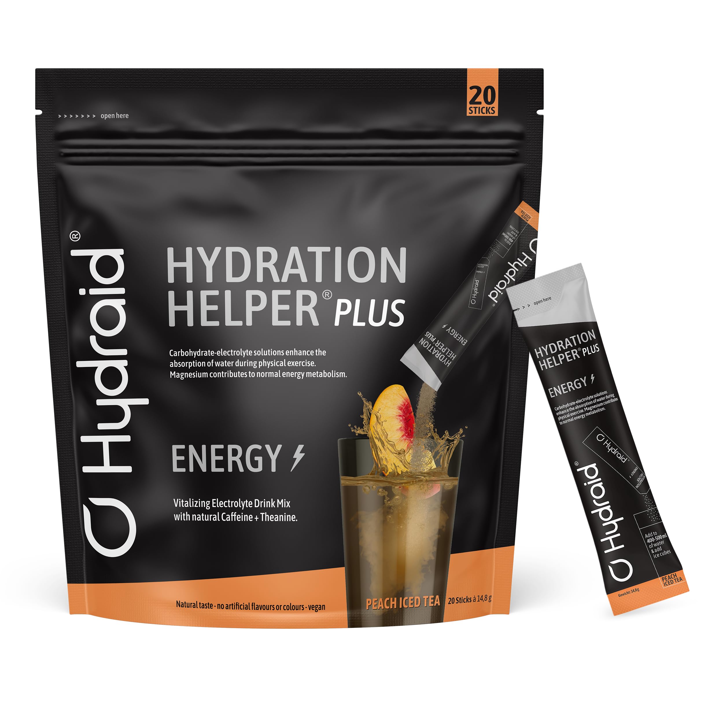 Hydraid Hydration Helper® PLUS ENERGY Tè freddo alla pesca – Polvere di elettroliti con caffeina – Più energia & più concentrazione – 20 bustine con estratto di tè verde e teanina
