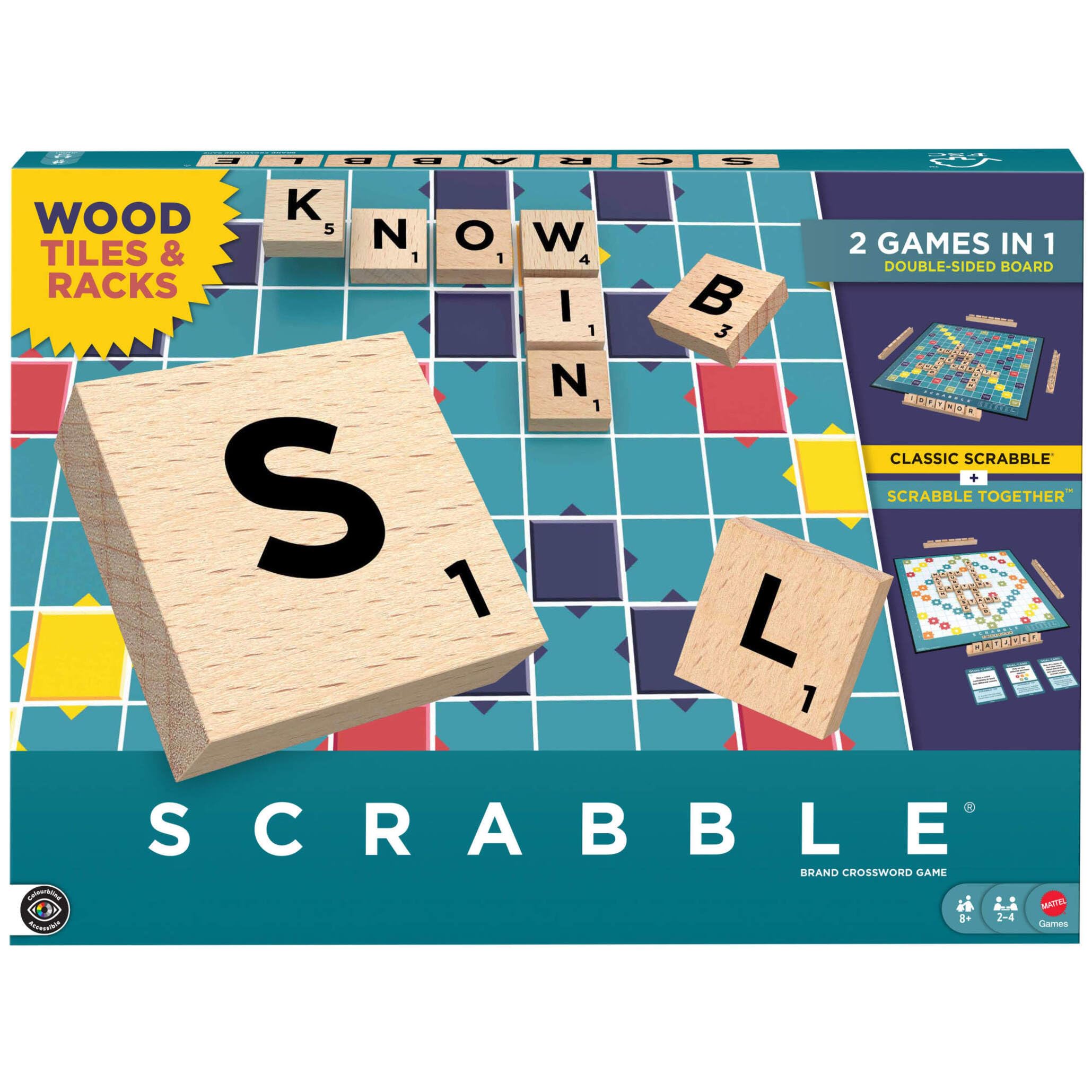 Mattel Games Scrabble Board Game, Classic Family Word Fun, featuring Wooden Letter Tiles and Racks
