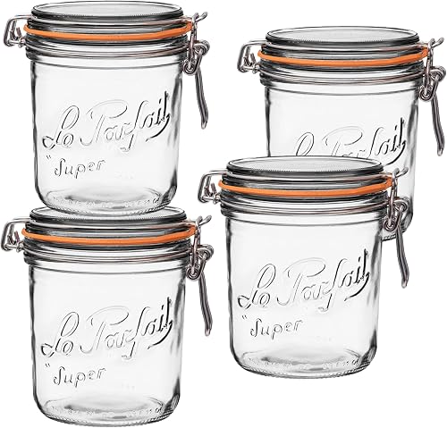 Le Parfait Super Terrine 750mL (24oz) Zero Waste Eco-Friendly Glass Canning Jars, Airtight Rubber Seal & Wire Bail Lid, BPA-Free, Water Bath Safe for Food Storage & Preserving, Made in France, 4PK