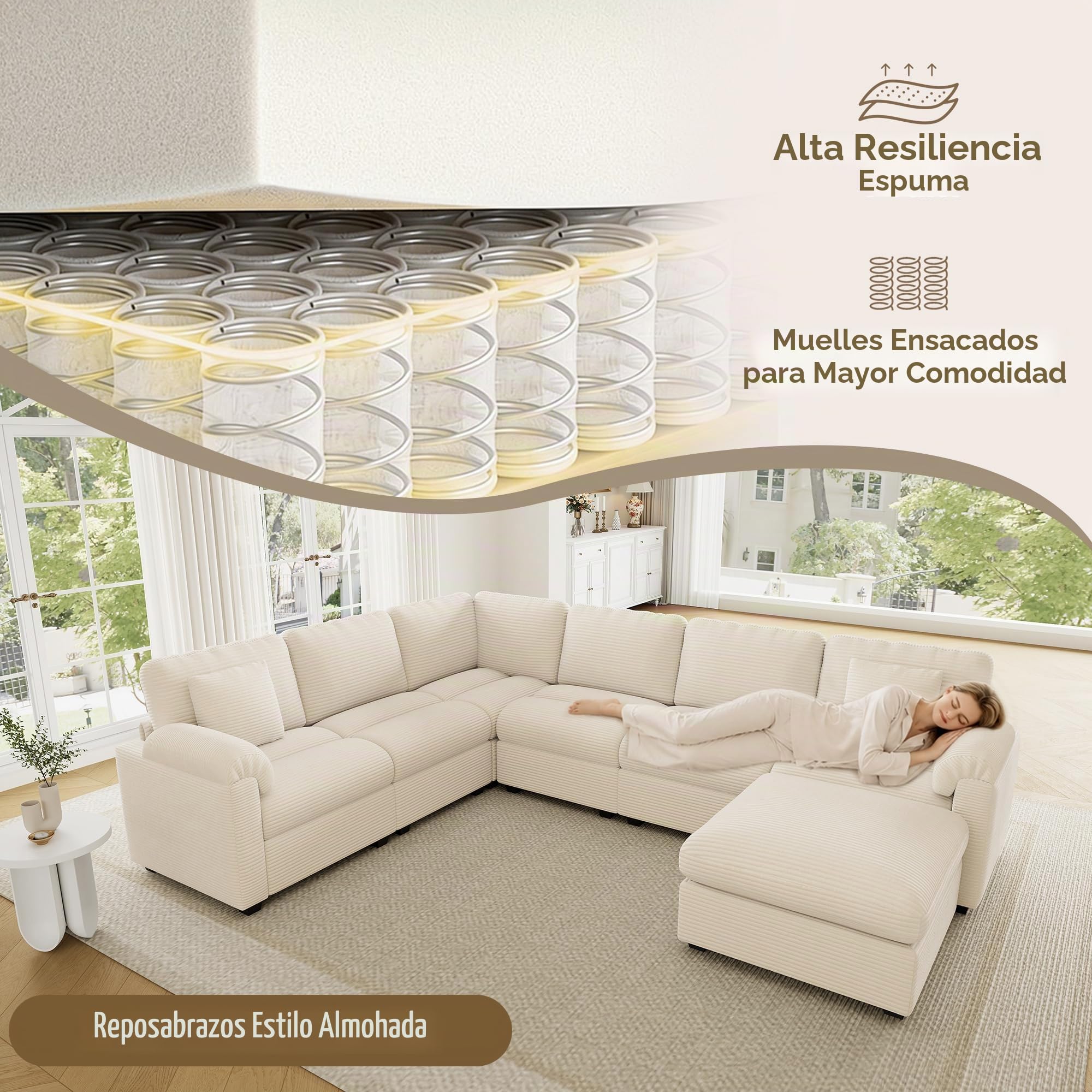 Sapgaks Sofá Convertible de 7 plazas en U/L con Pufs Móvil, Sofá de esquina grande Convertible de pana con cojines, Sofá Modular Multifuncional en el Salón Appt, Beige