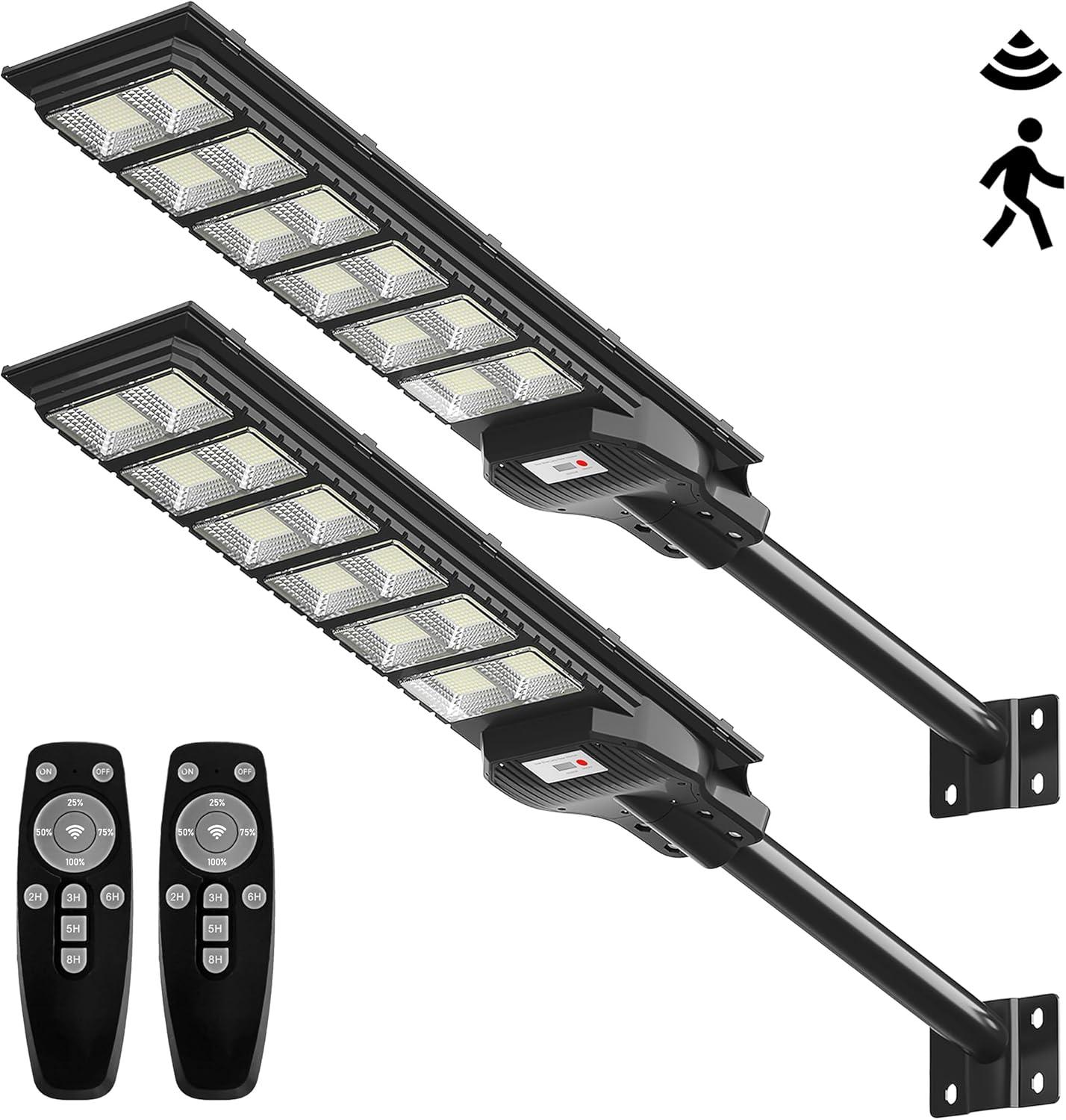 Solar Street Light Outdoor, 6500K 1500W Dusk to Dawn Light with Remote Control, Motion Sensor Lights with Timer & Brightness Setting, LED Security Flood Light for Yard Garage Parking Lot, 2 Pack 1500W, 2 Pack Black