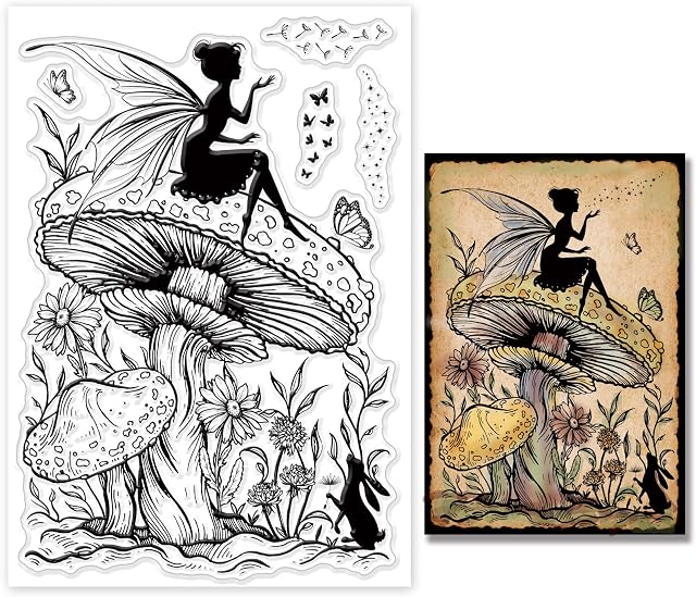 GLOBLELAND Fairy and Mushrooms Background Clear Stamps Elf Daisy Bunny Silicone Clear Stamp Seals for Cards Making DIY Scrapbooking Photo Journal Album Decoration