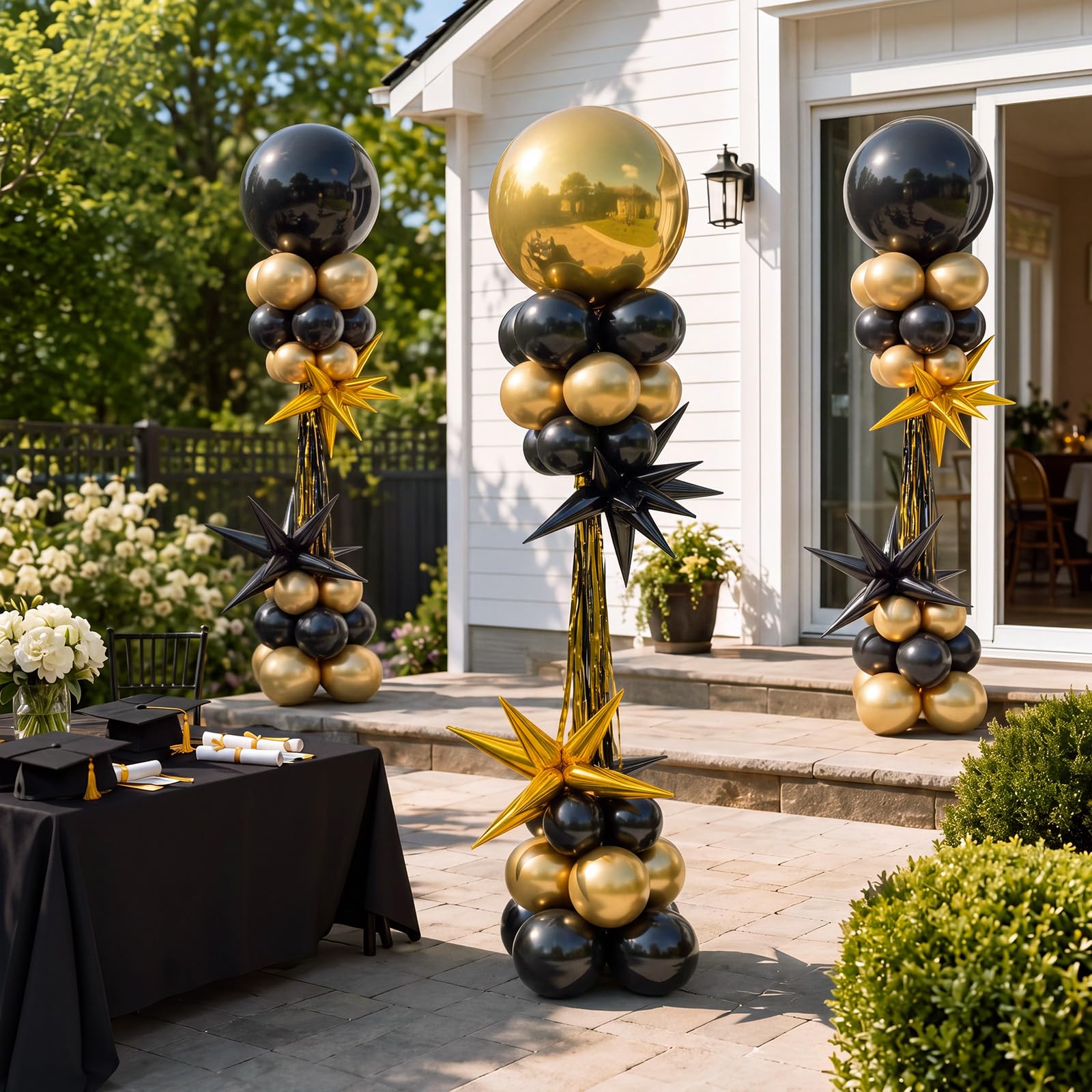 Blueweenly Juego de 3 soportes de columna negro y dorado con 93 globos ajustables con bases para decoración de graduación negra y dorada para 50 cumpleaños, boda, compromiso, fiesta de regreso a la