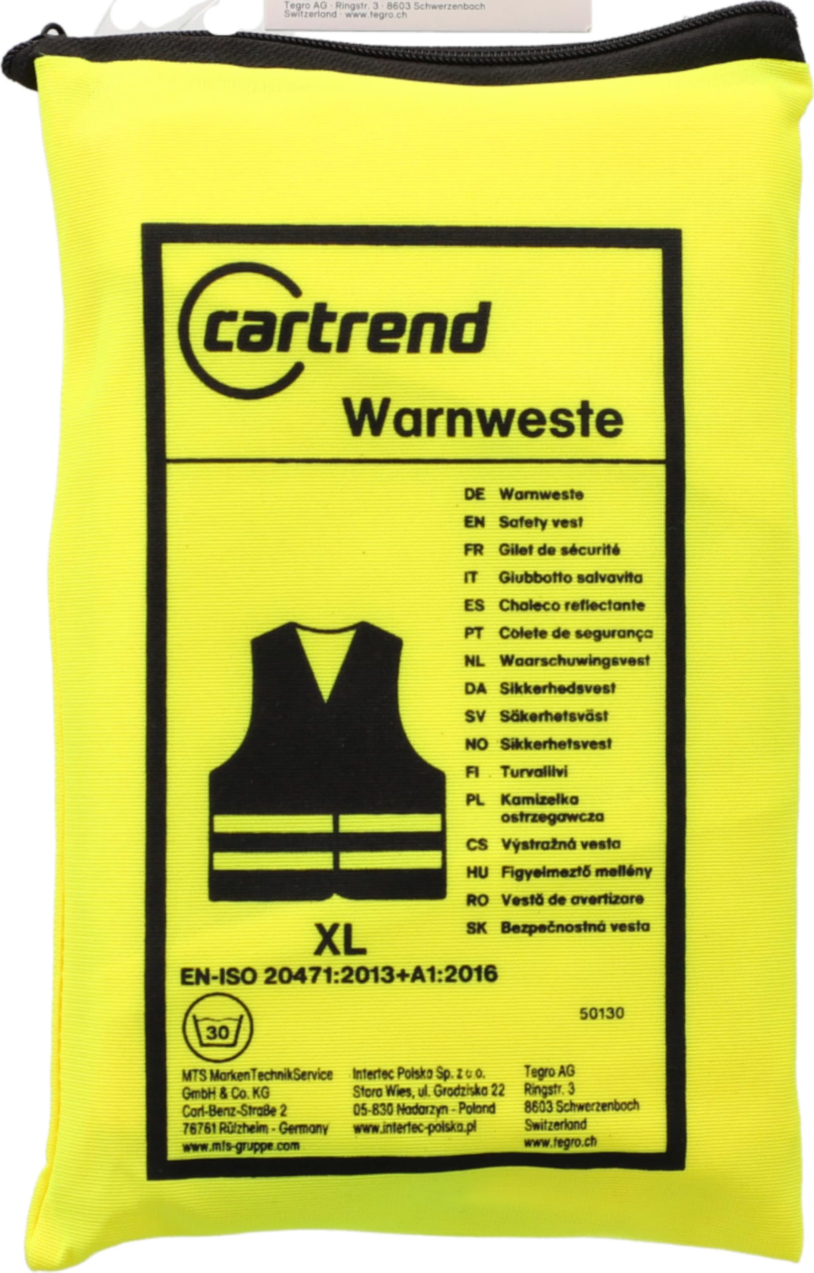 Cartrend 50130 kamizelka odblaskowa, DIN EN 20471, torba tekstylna z zamkiem błyskawicznym, żółta, XL