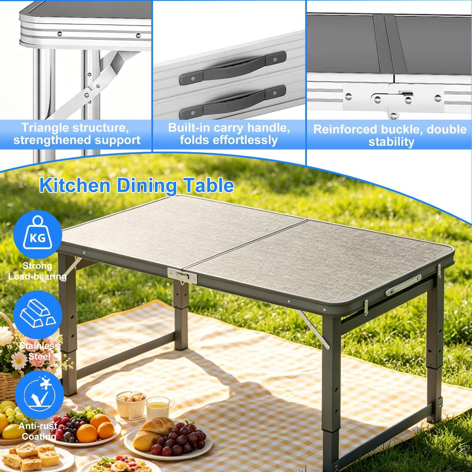Tavolo da Pranzo e da Cucina Pieghevole - Tavolino Laterale Multiuso con Struttura in Acciaio, Tavolo da Giardino Portatile con cavalletti, banco da Lavoro per la Preparazione del Cibo, scri