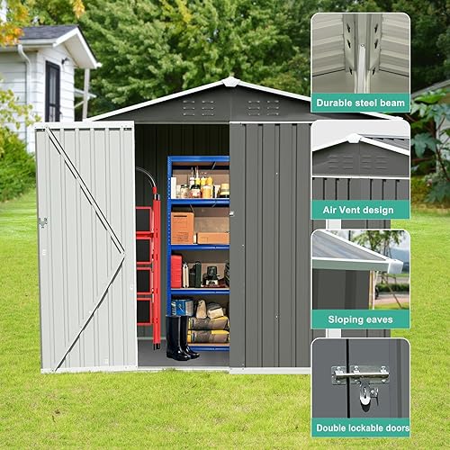 Miniatura 2 de Cobertizo de almacenamiento al aire libre con puerta con cerradura, cobertizo de almacenamiento de metal resistente para patio, patio trasero,